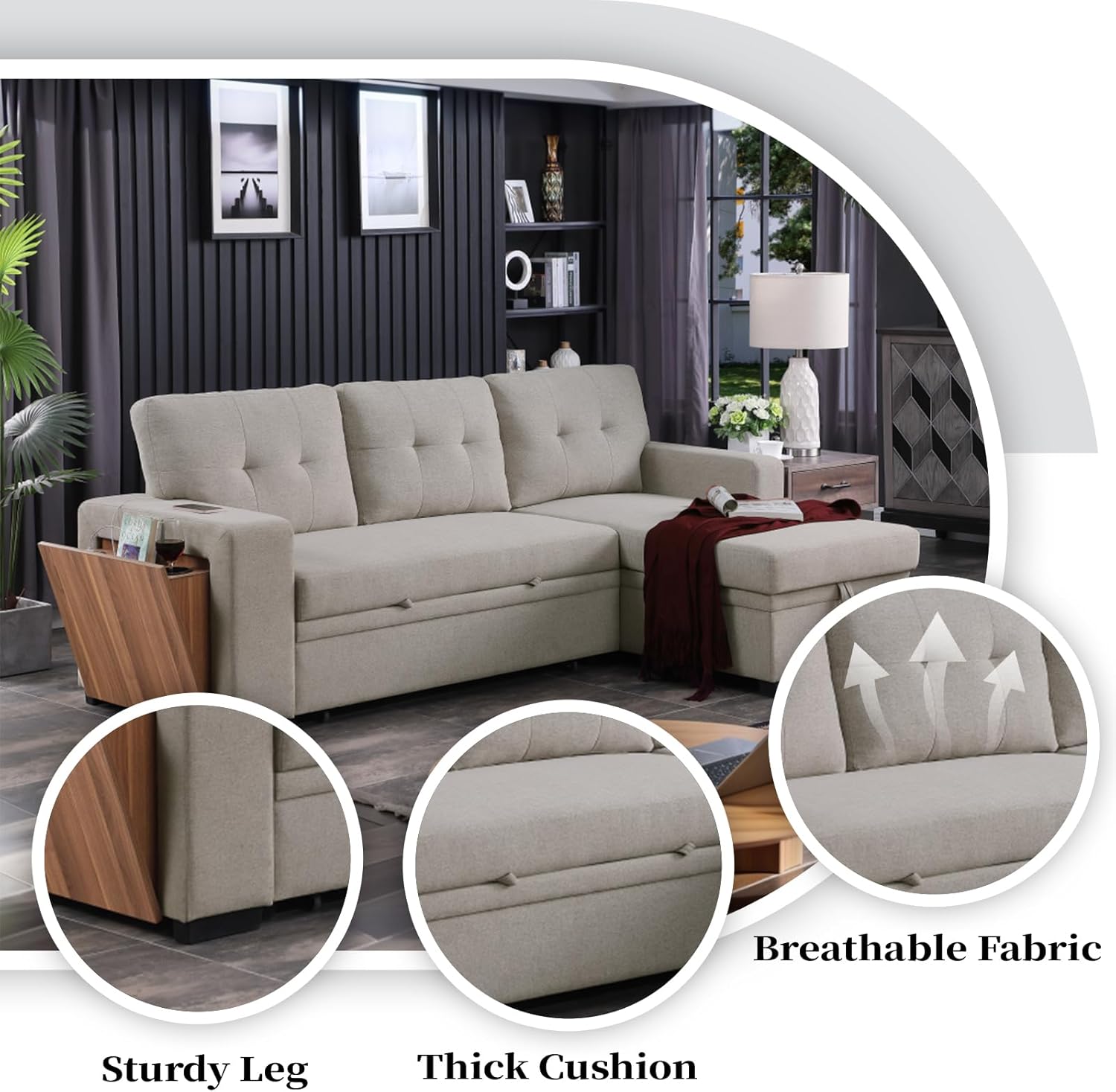 HHOK 5-in-1 L Shaped Convertible Pull Out Sectional Sleeper Sofa Bed for Living Room Furniture Sets, Comfy Couch with Side Open Cup Holder, USB Port, Reversible Storage Chaise Bench - Light Gray Sofá · v2