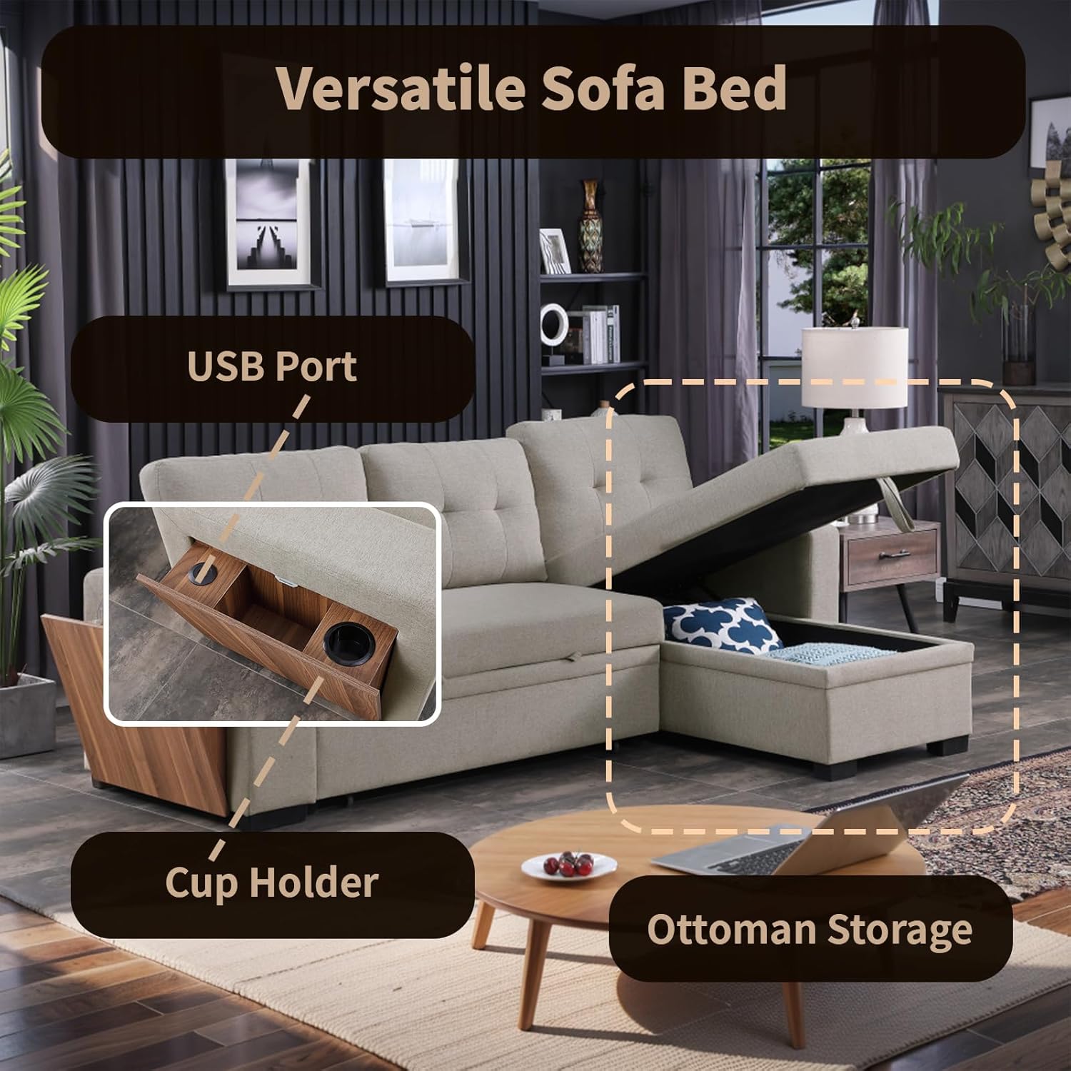 HHOK 5-in-1 L Shaped Convertible Pull Out Sectional Sleeper Sofa Bed for Living Room Furniture Sets, Comfy Couch with Side Open Cup Holder, USB Port, Reversible Storage Chaise Bench - Light Gray Sofá · v2