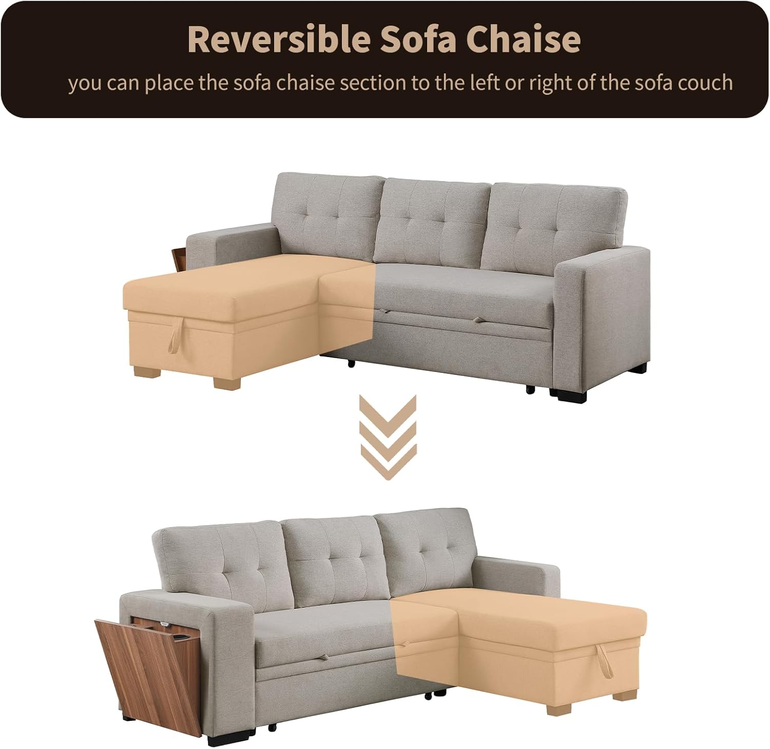 HHOK 5-in-1 L Shaped Convertible Pull Out Sectional Sleeper Sofa Bed for Living Room Furniture Sets, Comfy Couch with Side Open Cup Holder, USB Port, Reversible Storage Chaise Bench - Light Gray Sofá · v2