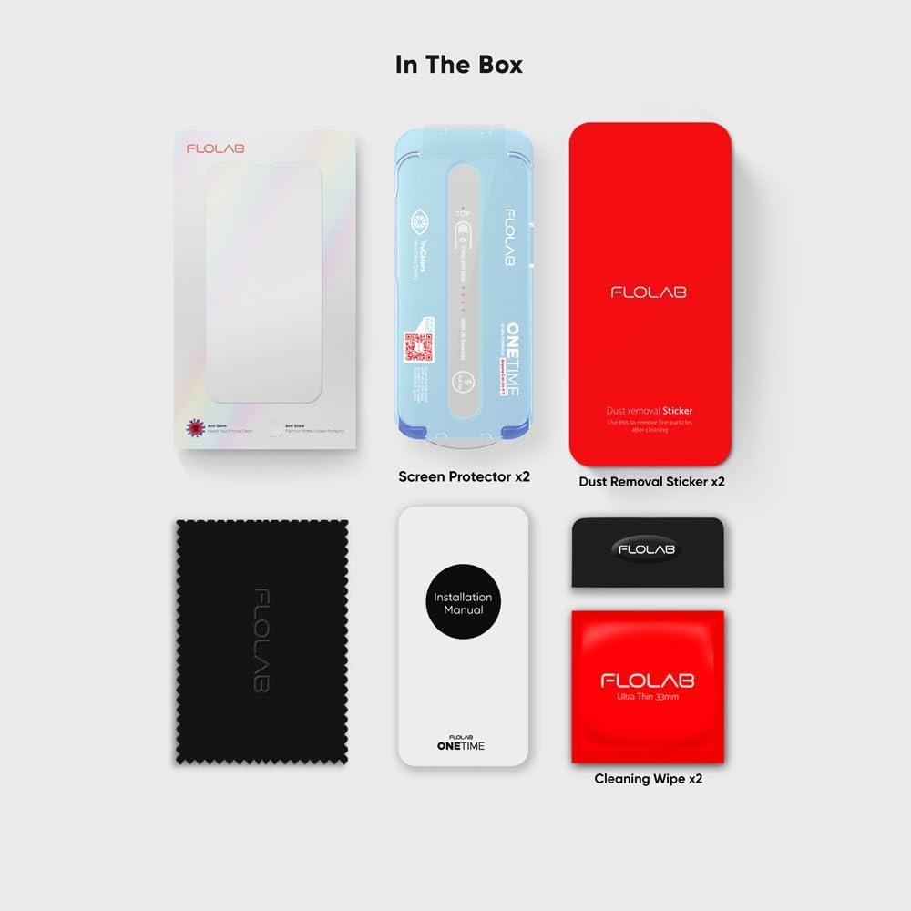FLOLAB NanoArmour ONETIME for iPhone 16 Ekran Koruyucu, Kılıf Dostu, Temperli Cam, Ultra Şeffaf, Kenar Takviyeli, Kolay Kurulum, Tozsuz, Çizilmeye Dayanıklı - 2'li Paket