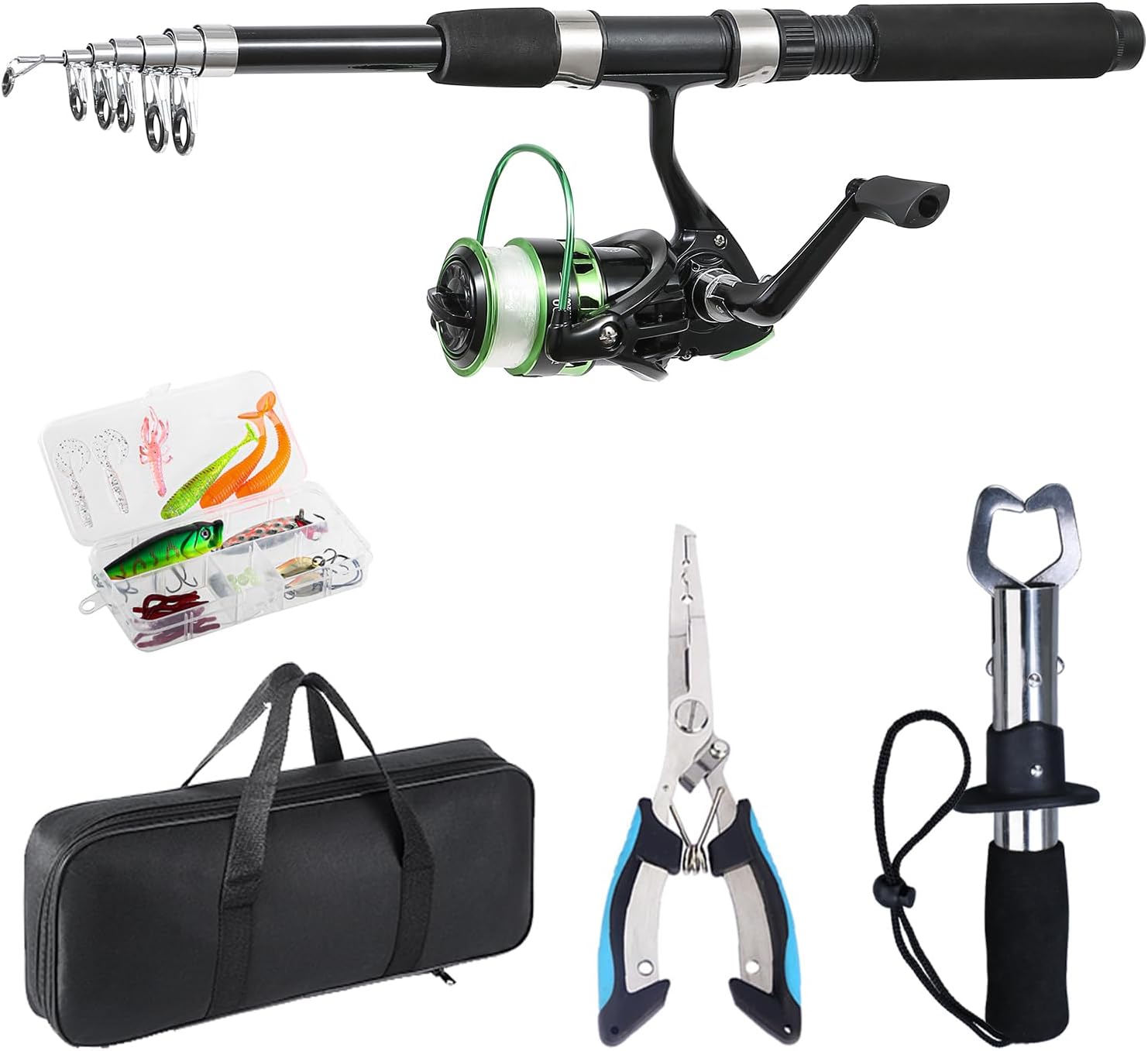 Fishing Rod, 6.9ft Telescopic Fishing Rod and Reel Combo with Fishing Pliers and Lip Gripper Fishing Equipment, 5.2:1 Pre-Loaded Spinning Reel Combo Set Fishing Pole(LF30 Green)