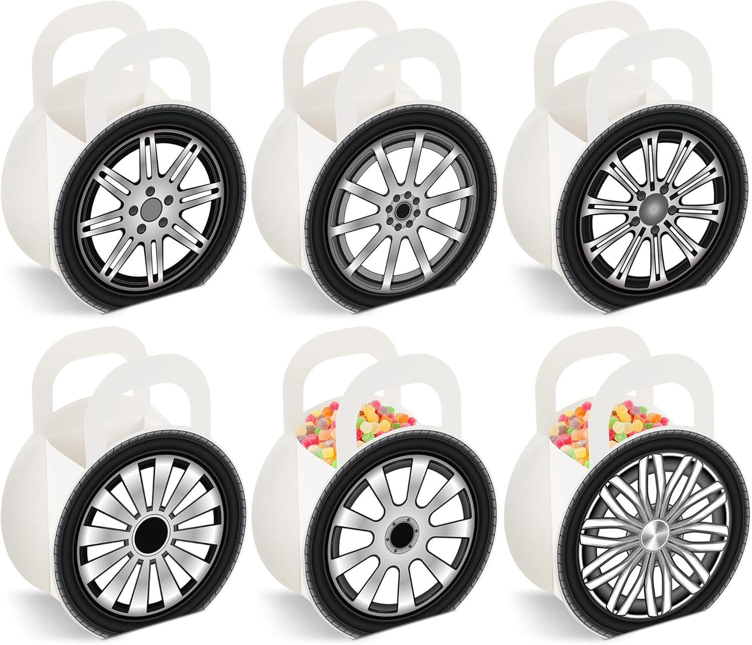 12Pcs Race Car Wheels Party Gift Boxes for Race Car Party Decorations Car Wheels Shaped Treat Boxes Racing Car Birthday Party Candy Boxes with Handle for Boys Kids Birthday Baby Shower Party Supplies · v2