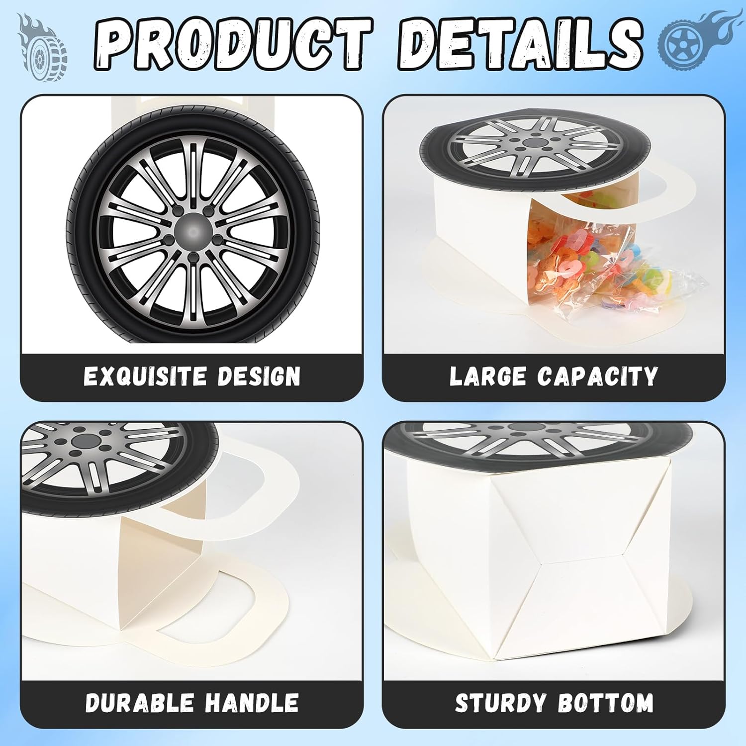 12Pcs Race Car Wheels Party Gift Boxes for Race Car Party Decorations Car Wheels Shaped Treat Boxes Racing Car Birthday Party Candy Boxes with Handle for Boys Kids Birthday Baby Shower Party Supplies · v2