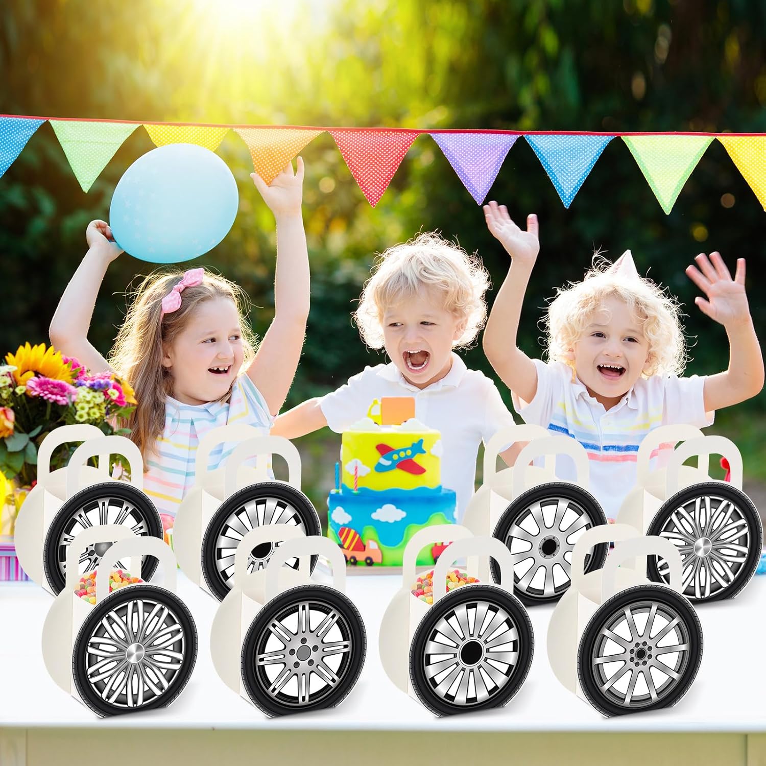 12Pcs Race Car Wheels Party Gift Boxes for Race Car Party Decorations Car Wheels Shaped Treat Boxes Racing Car Birthday Party Candy Boxes with Handle for Boys Kids Birthday Baby Shower Party Supplies · v2