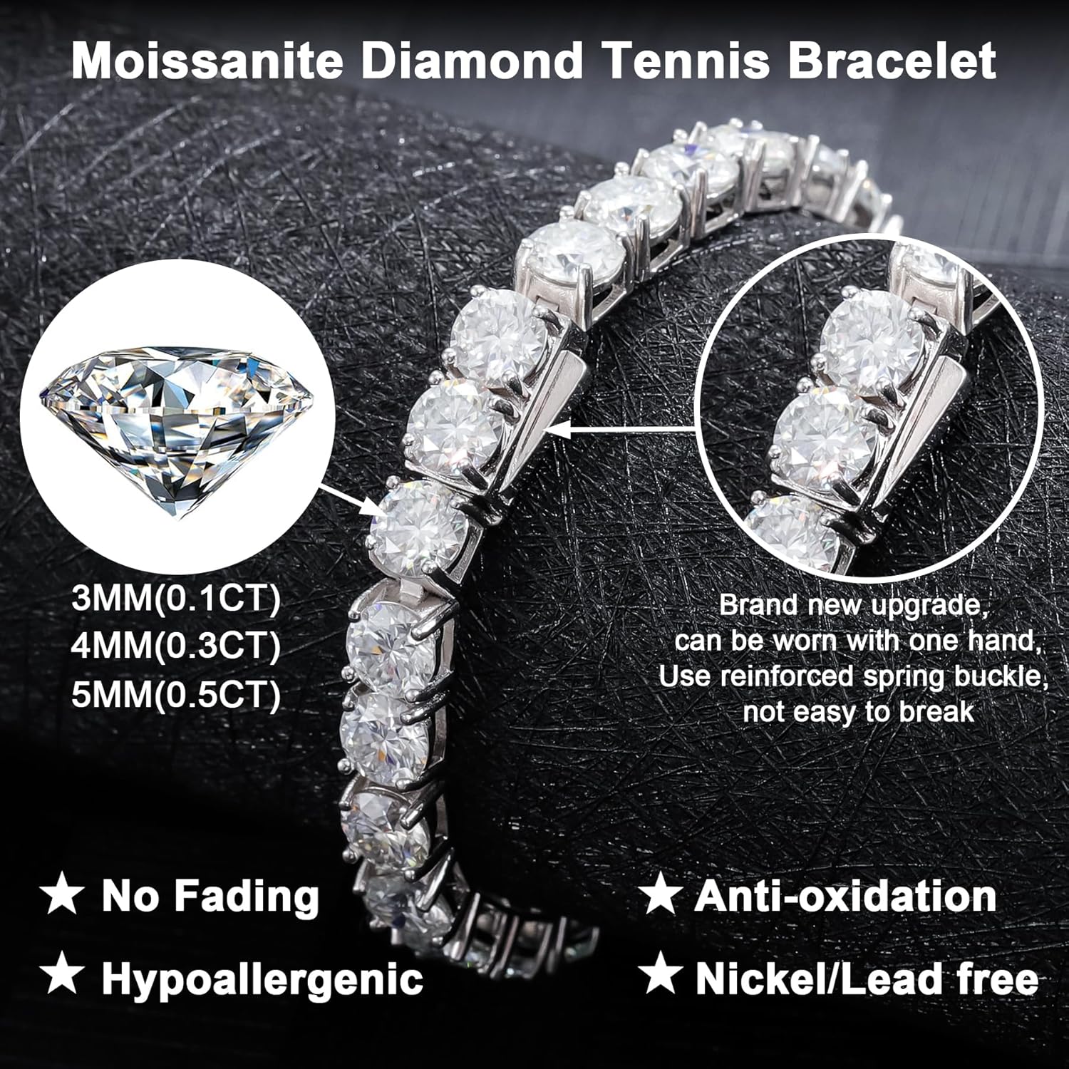 Bracciale tennis Gems Beauty Moissanite — Bracciale da donna e da uomo in colore D, purezza VVS1, placcato in argento 925 placcato in oro bianco 18 carati, regalo certificato GRA da 3 mm a 5 mm