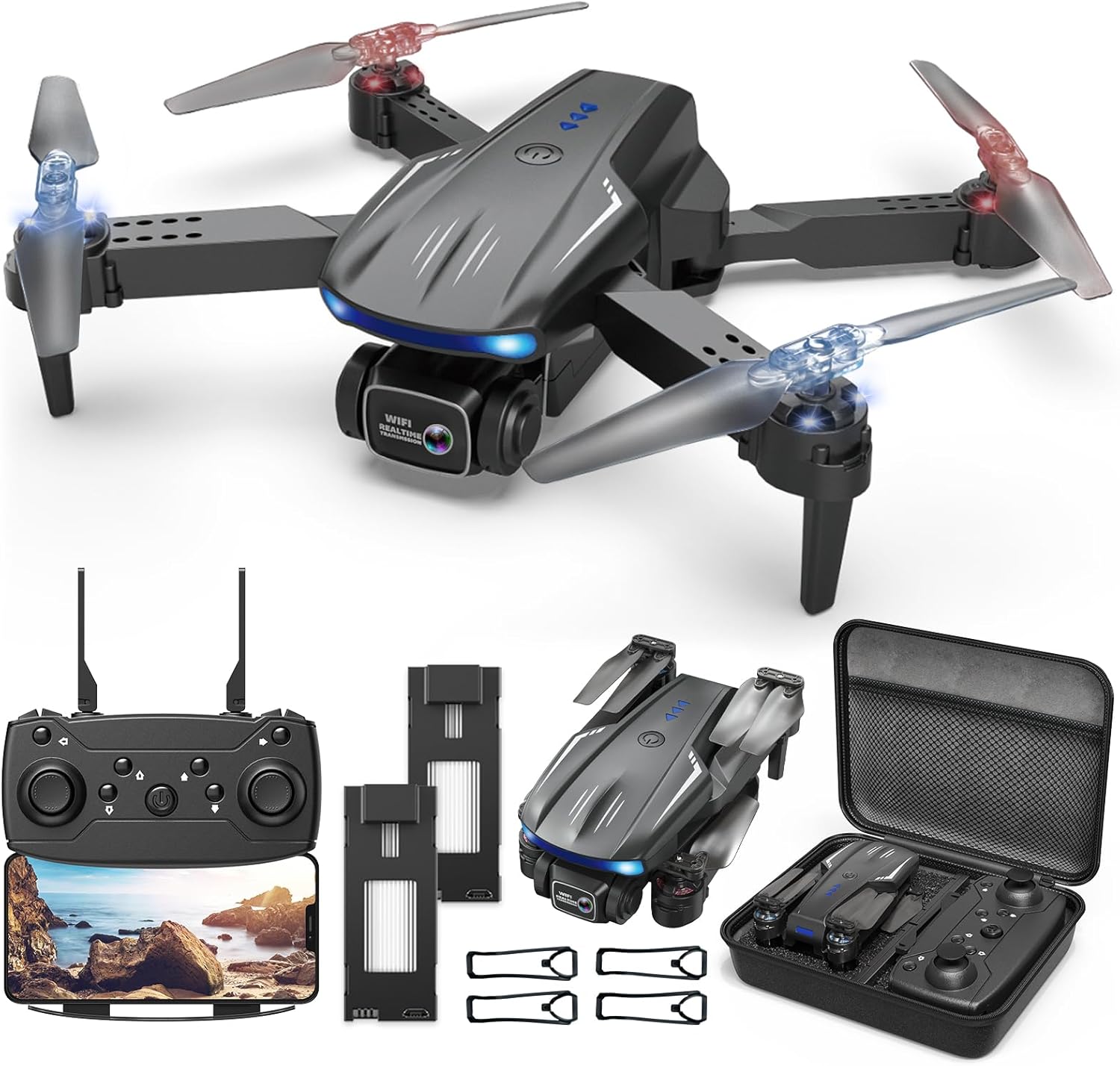 Drone con fotocamera 1080P HD per bambini e adulti, mini drone FPV pieghevole con 2 batterie, decollo/atterraggio con un tasto, mantenimento dell'altitudine, modalità senza testa, controllo della gravità, selfie con gesti, rotazione a 360°, modalità 3 velocità, Waypoint Fly