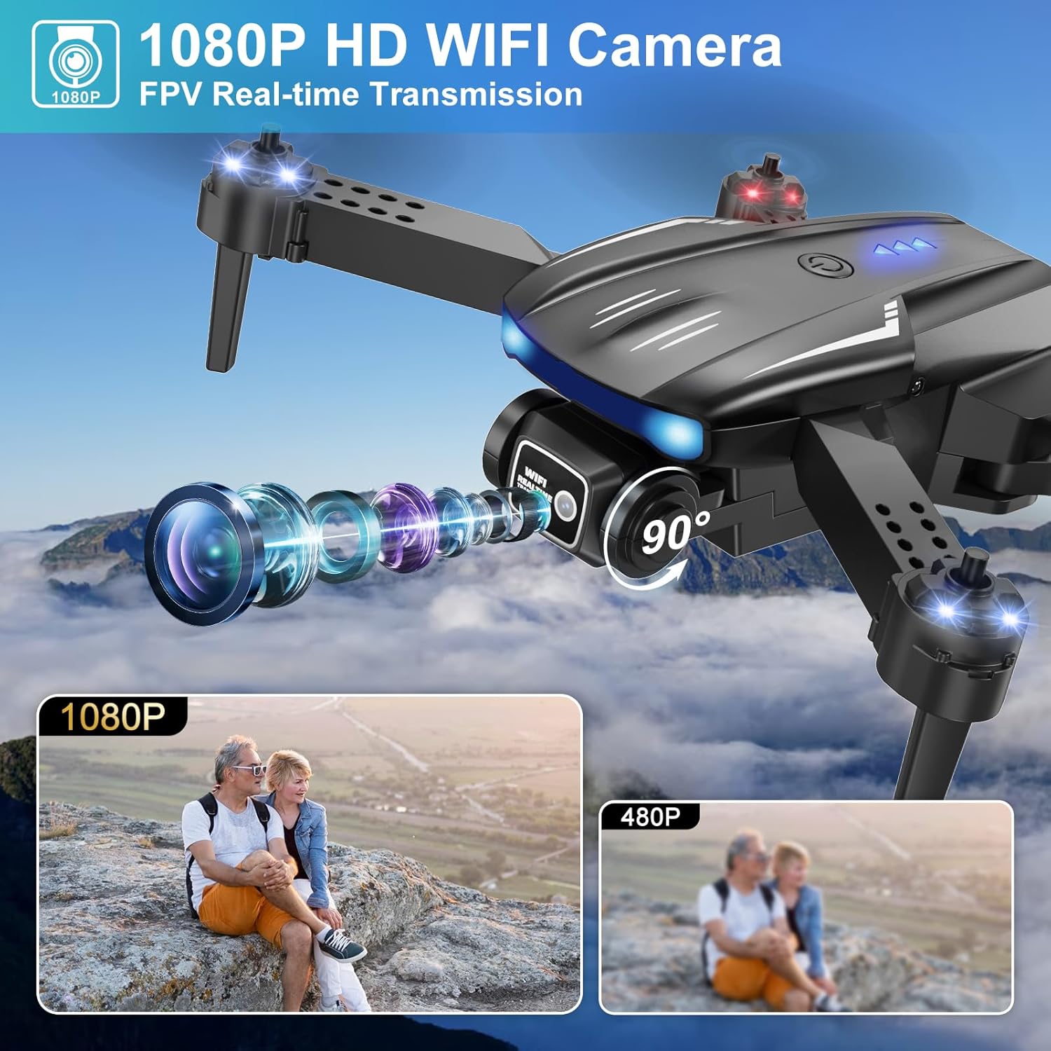 Drone with Camera 1080P HD for Kids Adults, Foldable FPV Mini Drone with 2 Batteries, One Key Take Off/Land, Altitude Hold, Headless Mode, Gravity Control, Gestures Selfie, 360°Flip, 3 Speed Mode, Waypoint Fly · v4
