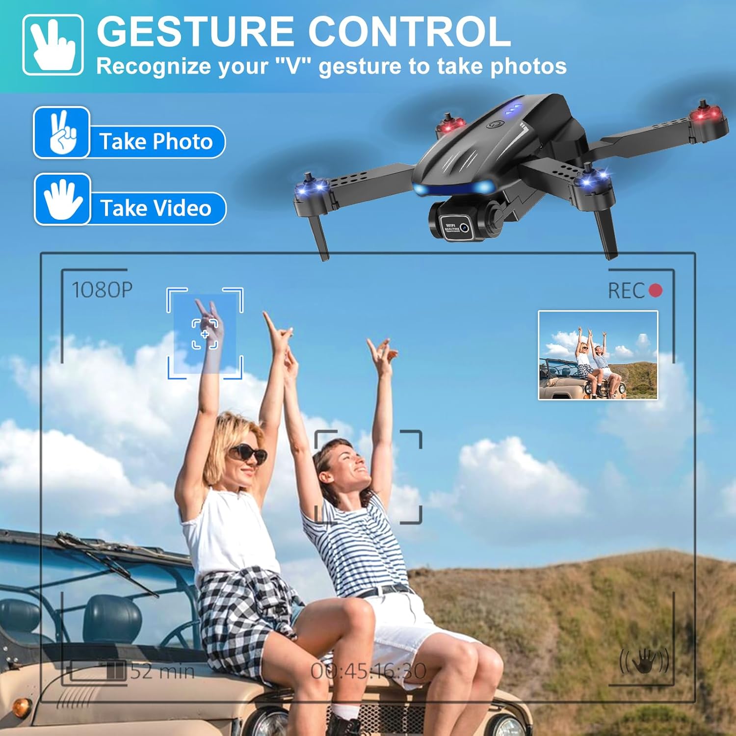 Drone with Camera 1080P HD for Kids Adults, Foldable FPV Mini Drone with 2 Batteries, One Key Take Off/Land, Altitude Hold, Headless Mode, Gravity Control, Gestures Selfie, 360°Flip, 3 Speed Mode, Waypoint Fly · v4
