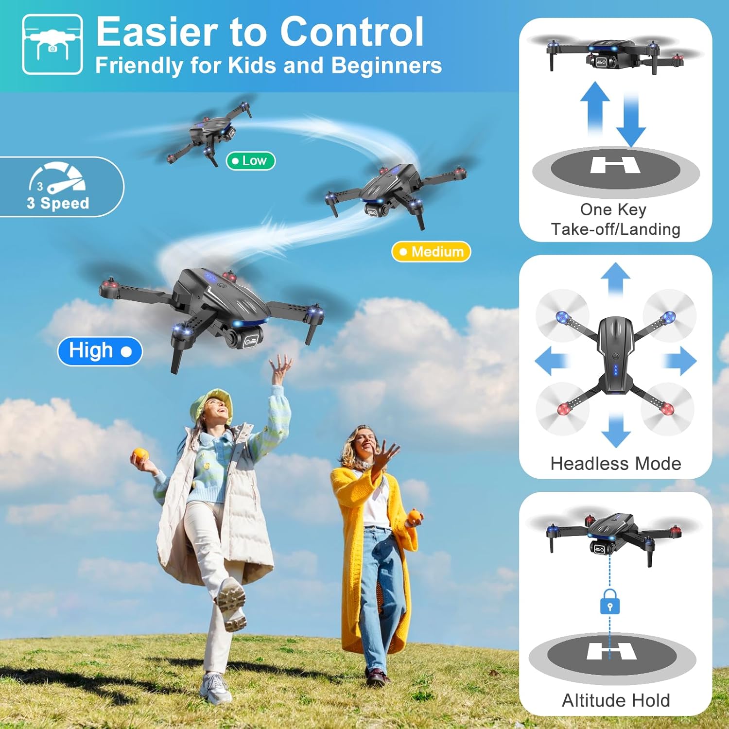 Drone with Camera 1080P HD for Kids Adults, Foldable FPV Mini Drone with 2 Batteries, One Key Take Off/Land, Altitude Hold, Headless Mode, Gravity Control, Gestures Selfie, 360°Flip, 3 Speed Mode, Waypoint Fly · v4