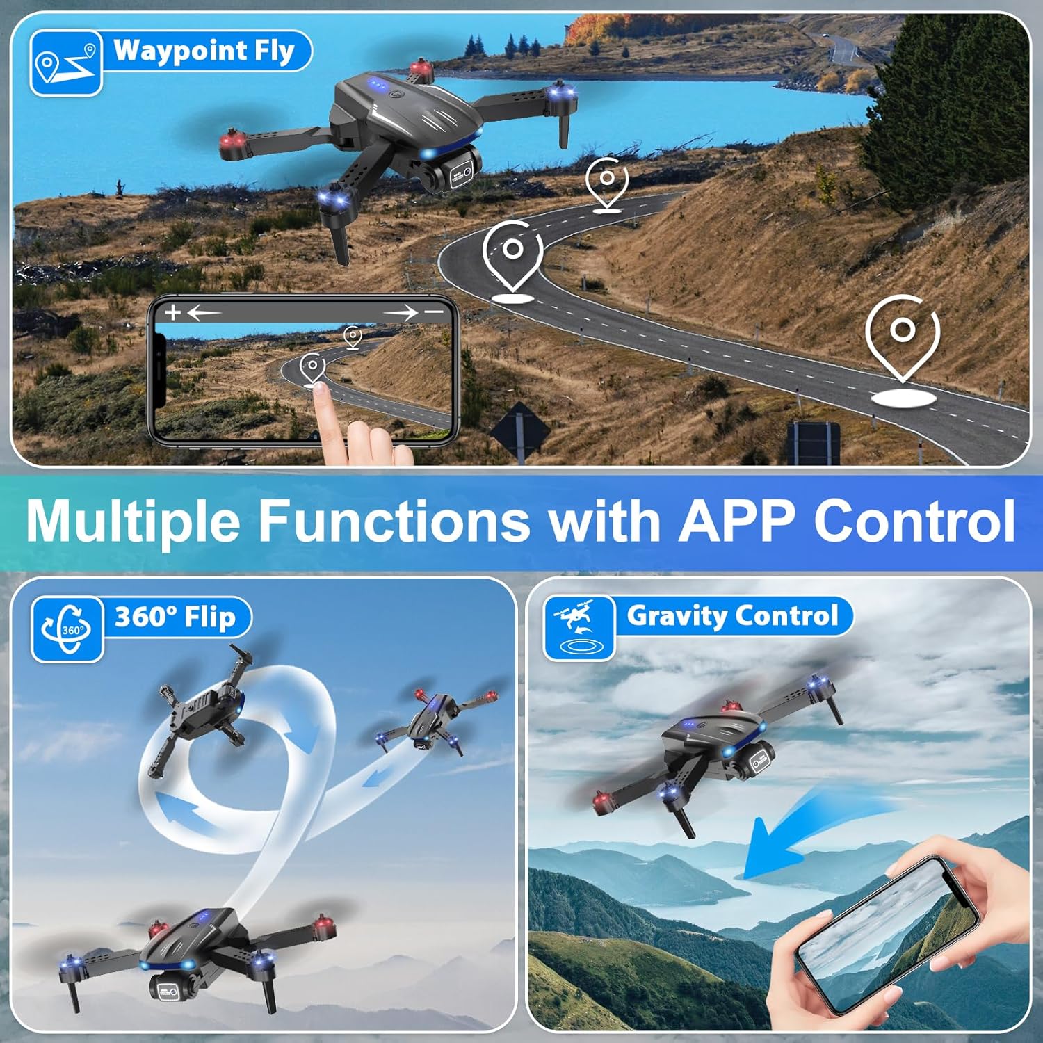 Drone with Camera 1080P HD for Kids Adults, Foldable FPV Mini Drone with 2 Batteries, One Key Take Off/Land, Altitude Hold, Headless Mode, Gravity Control, Gestures Selfie, 360°Flip, 3 Speed Mode, Waypoint Fly · v4