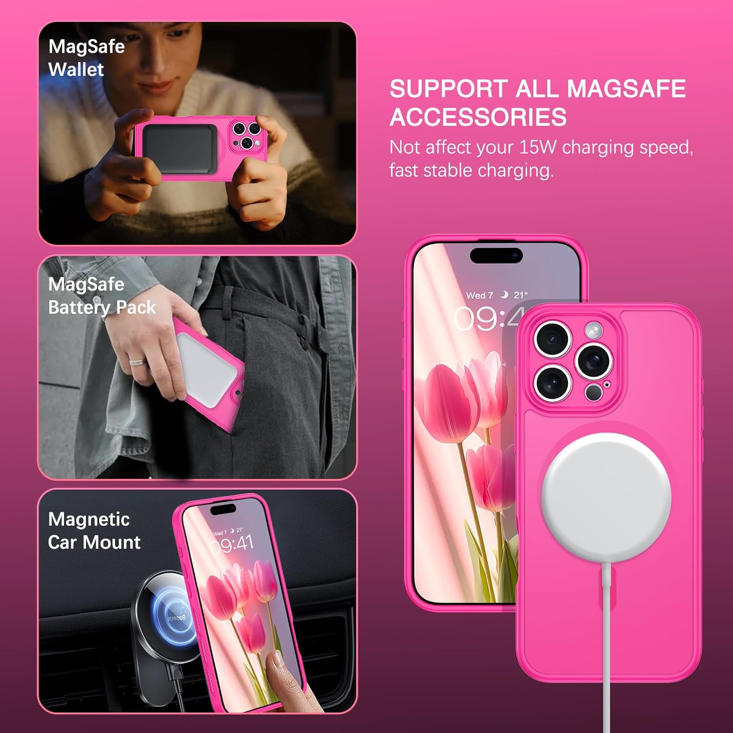Coque BENTOBEN pour iPhone 16 Pro avec dissipation thermique [Compatible avec Magsafe] Coque de téléphone portable creuse à trou magnétique mat pour iPhone 16 Pro, résistante aux chocs, femmes et hommes, Slim Thin 6.3, rose vif