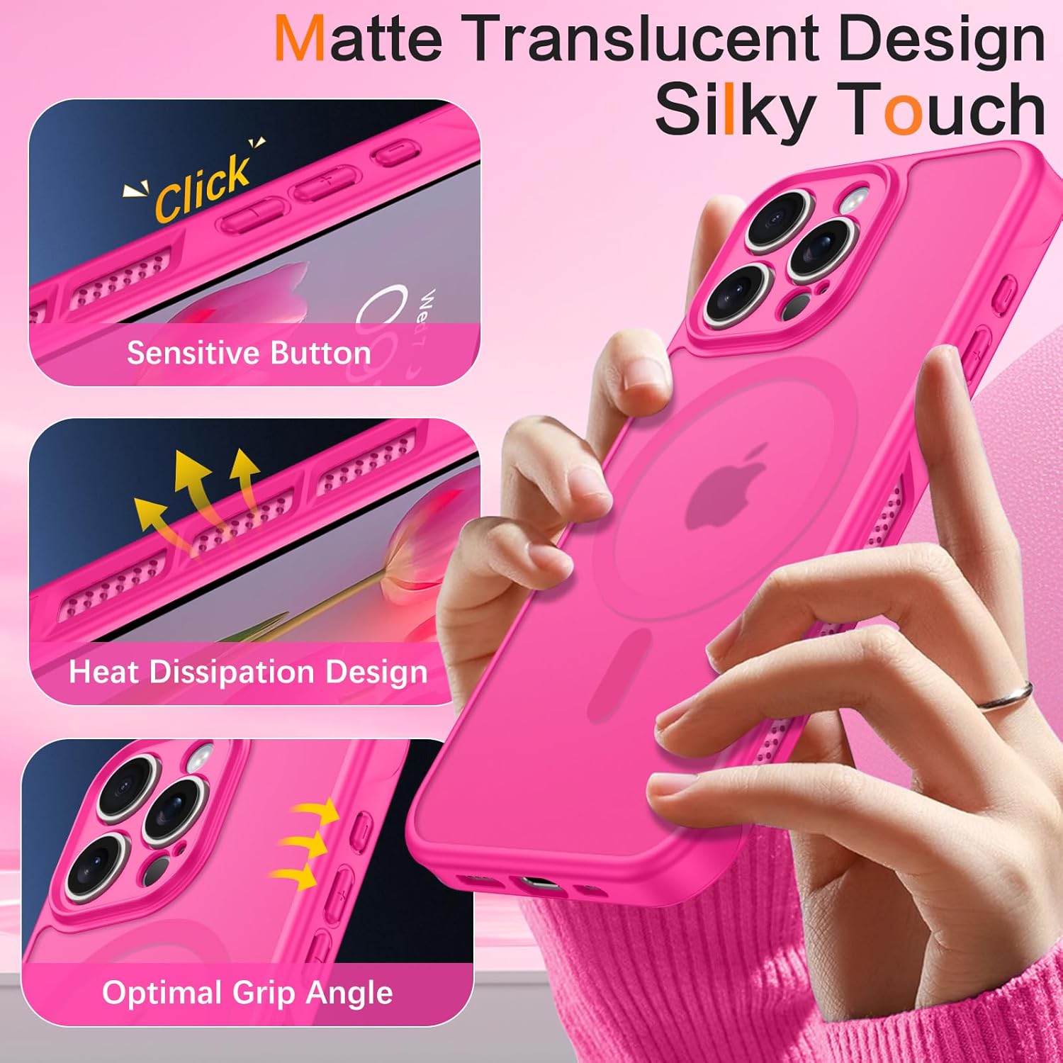 Coque BENTOBEN pour iPhone 16 Pro avec dissipation thermique [Compatible avec Magsafe] Coque de téléphone portable creuse à trou magnétique mat pour iPhone 16 Pro, résistante aux chocs, femmes et hommes, Slim Thin 6.3, rose vif