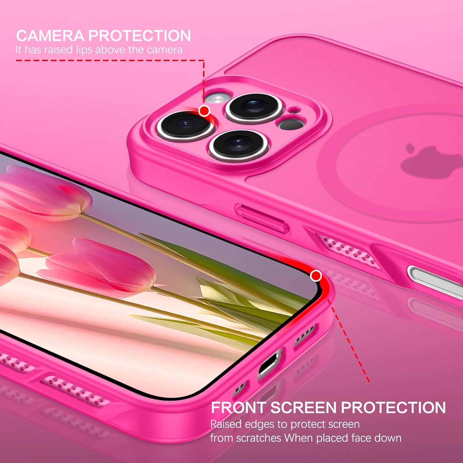 Coque BENTOBEN pour iPhone 16 Pro avec dissipation thermique [Compatible avec Magsafe] Coque de téléphone portable creuse à trou magnétique mat pour iPhone 16 Pro, résistante aux chocs, femmes et hommes, Slim Thin 6.3, rose vif