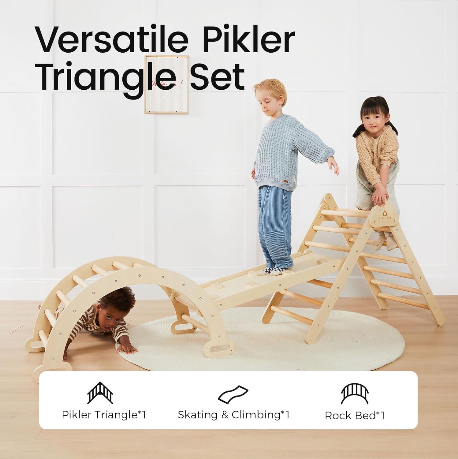 Tiny Land Pikler Triangle Set, 7-in-1 Foldable Pikler Triangle Climbing Toys Set for Kids,Baby Indoor Playground Jungle Gym, Wooden Montessori Climbing Set for Toddler (Natural) · v3