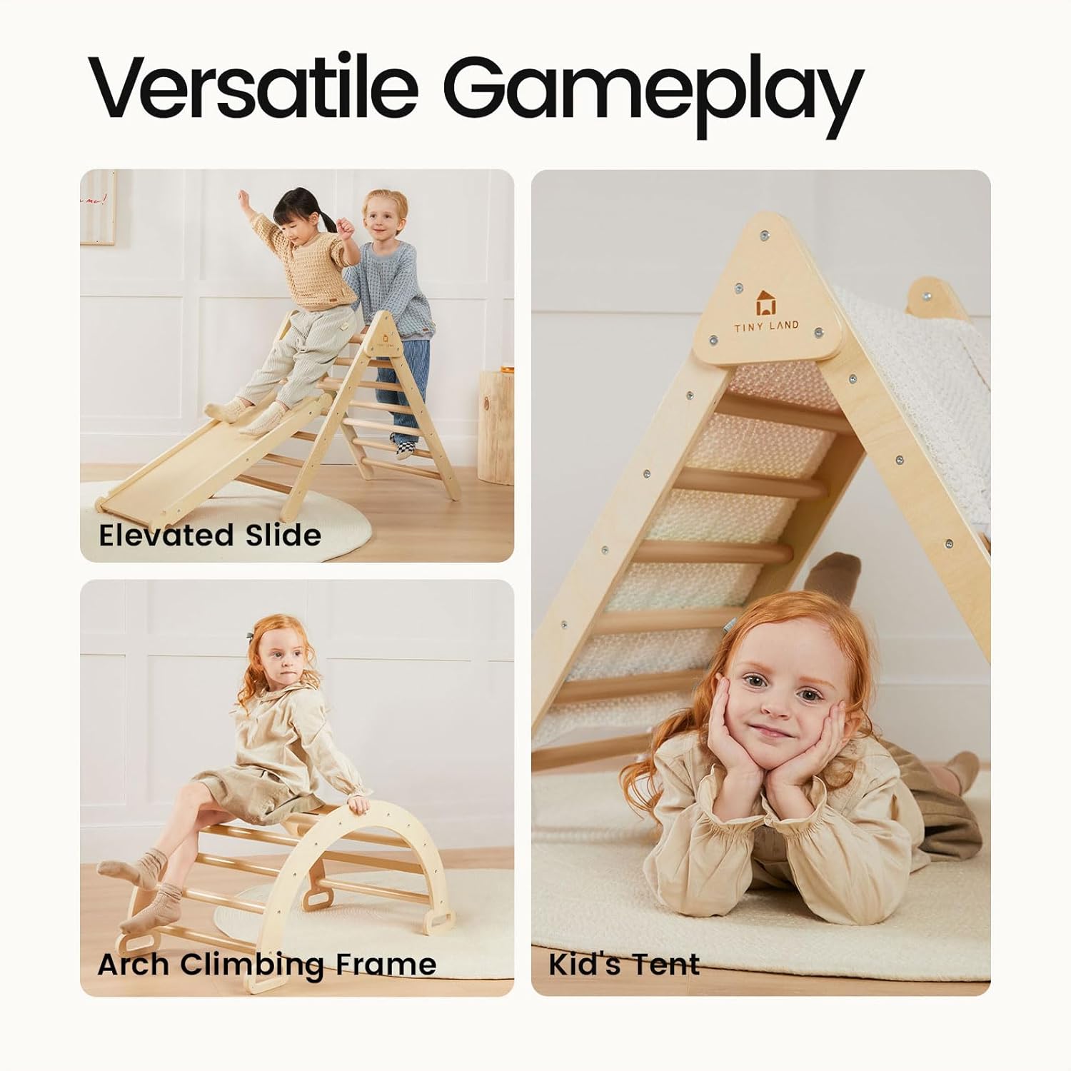 Tiny Land Pikler Triangle Set, 7-in-1 Foldable Pikler Triangle Climbing Toys Set for Kids,Baby Indoor Playground Jungle Gym, Wooden Montessori Climbing Set for Toddler (Natural) · v3