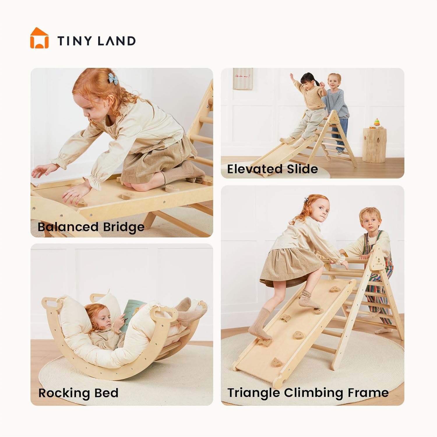 Tiny Land Pikler Triangle Set, 7-in-1 Foldable Pikler Triangle Climbing Toys Set for Kids,Baby Indoor Playground Jungle Gym, Wooden Montessori Climbing Set for Toddler (Natural) · v3