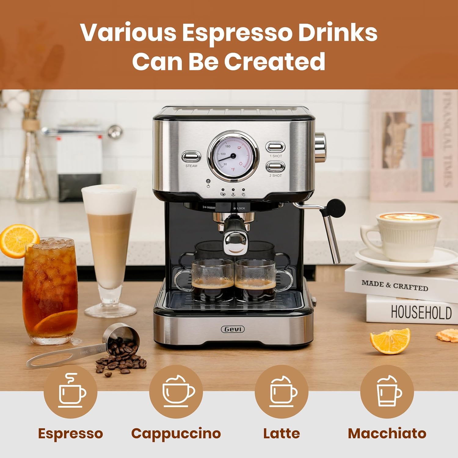 Gevi Espresso Makinesi Yüksek Basınçlı, Süt Köpürtücü Buhar Değnekli Kompakt Espresso Makineleri, Ev İçin Ses Kontrollü Cappuccino Latte Makinesi, Espresso Makinesi，Kahve Sevgilisi, Baba veya Anne için Hediye