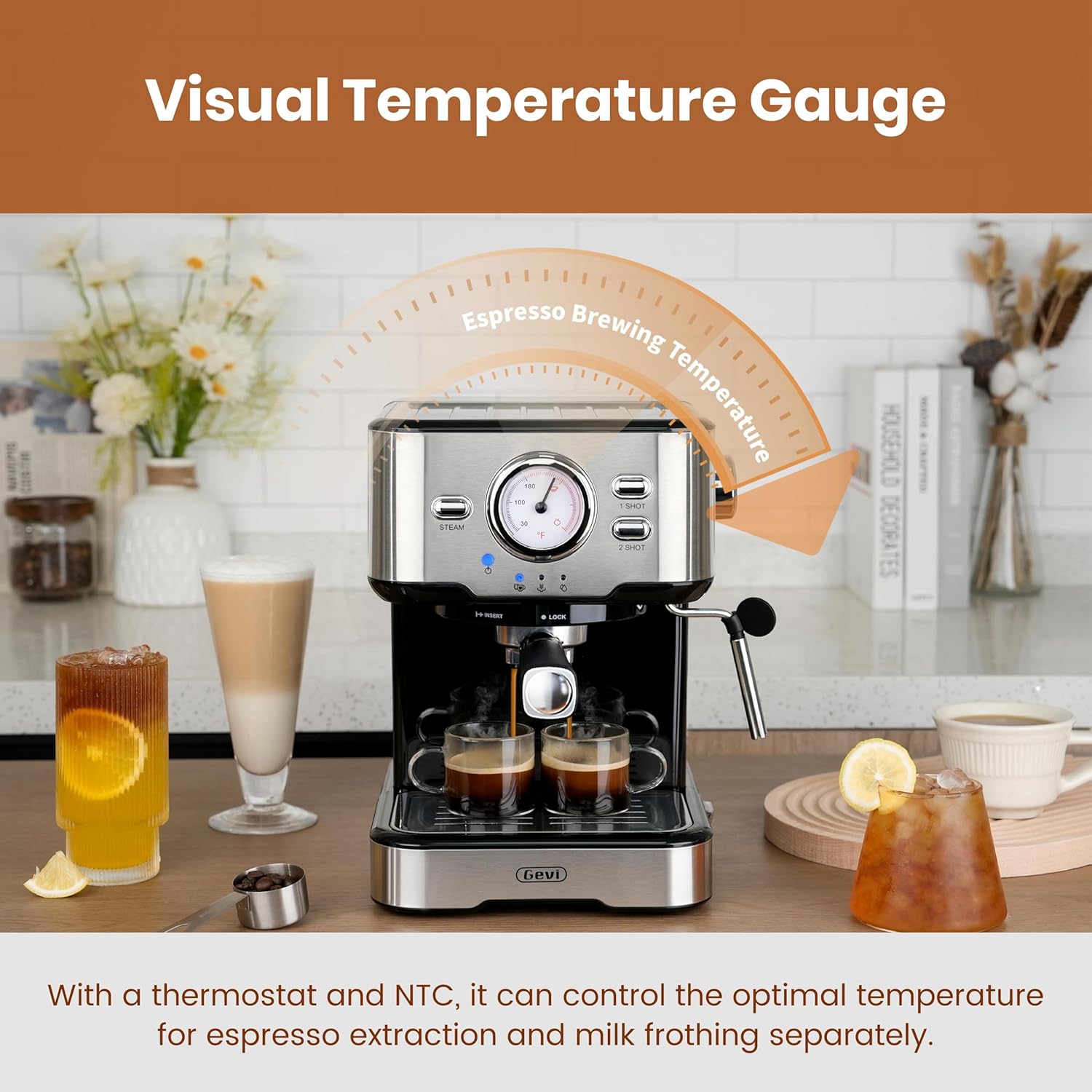 Gevi Espresso Makinesi Yüksek Basınçlı, Süt Köpürtücü Buhar Değnekli Kompakt Espresso Makineleri, Ev İçin Ses Kontrollü Cappuccino Latte Makinesi, Espresso Makinesi，Kahve Sevgilisi, Baba veya Anne için Hediye