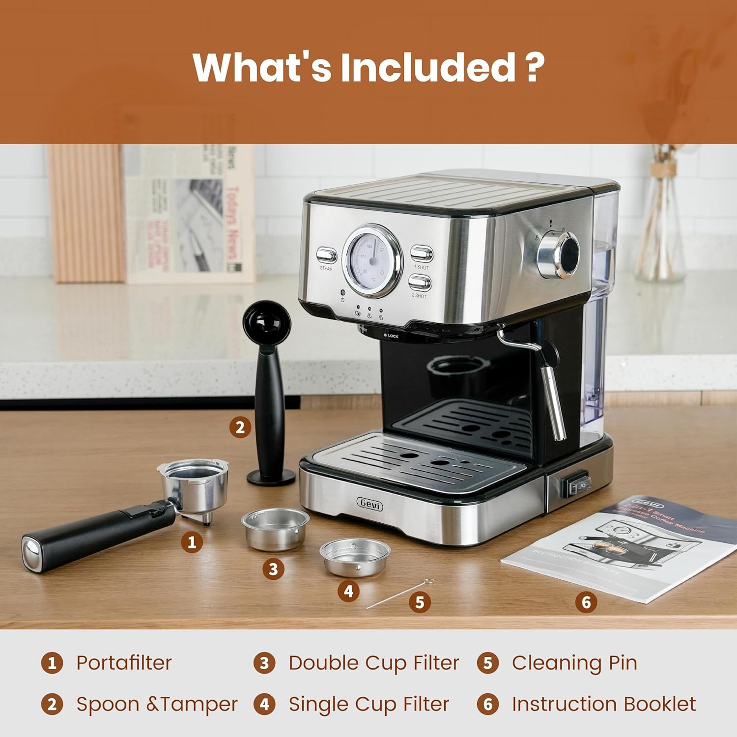 Gevi Espresso Makinesi Yüksek Basınçlı, Süt Köpürtücü Buhar Değnekli Kompakt Espresso Makineleri, Ev İçin Ses Kontrollü Cappuccino Latte Makinesi, Espresso Makinesi，Kahve Sevgilisi, Baba veya Anne için Hediye