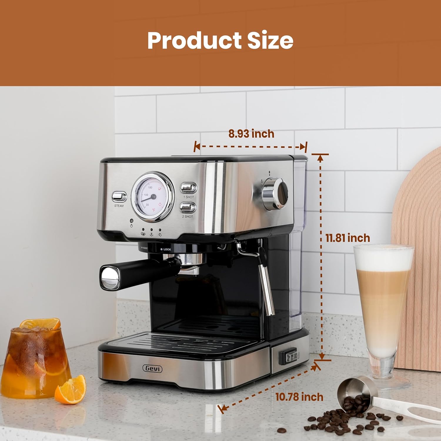 Gevi Espresso Makinesi Yüksek Basınçlı, Süt Köpürtücü Buhar Değnekli Kompakt Espresso Makineleri, Ev İçin Ses Kontrollü Cappuccino Latte Makinesi, Espresso Makinesi，Kahve Sevgilisi, Baba veya Anne için Hediye