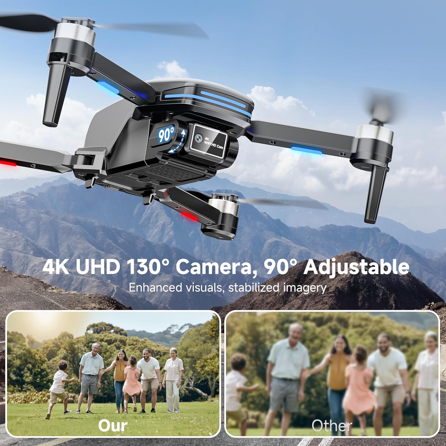 Drones met camera 4K voor volwassenen en kinderen, mini-drones met borstelloze motor, FPV, opvouwbare RC-drone met propellerbescherming voor beginners, opstijgen en landen met één toets, spraakbediening, alarm tegen verlies, kerstcadeau, speelgoed voor heren en jongens