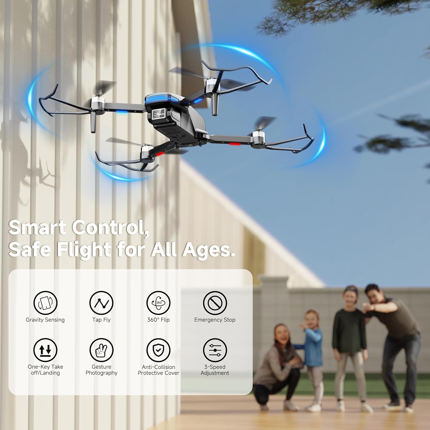 Drones met camera 4K voor volwassenen en kinderen, mini-drones met borstelloze motor, FPV, opvouwbare RC-drone met propellerbescherming voor beginners, opstijgen en landen met één toets, spraakbediening, alarm tegen verlies, kerstcadeau, speelgoed voor heren en jongens