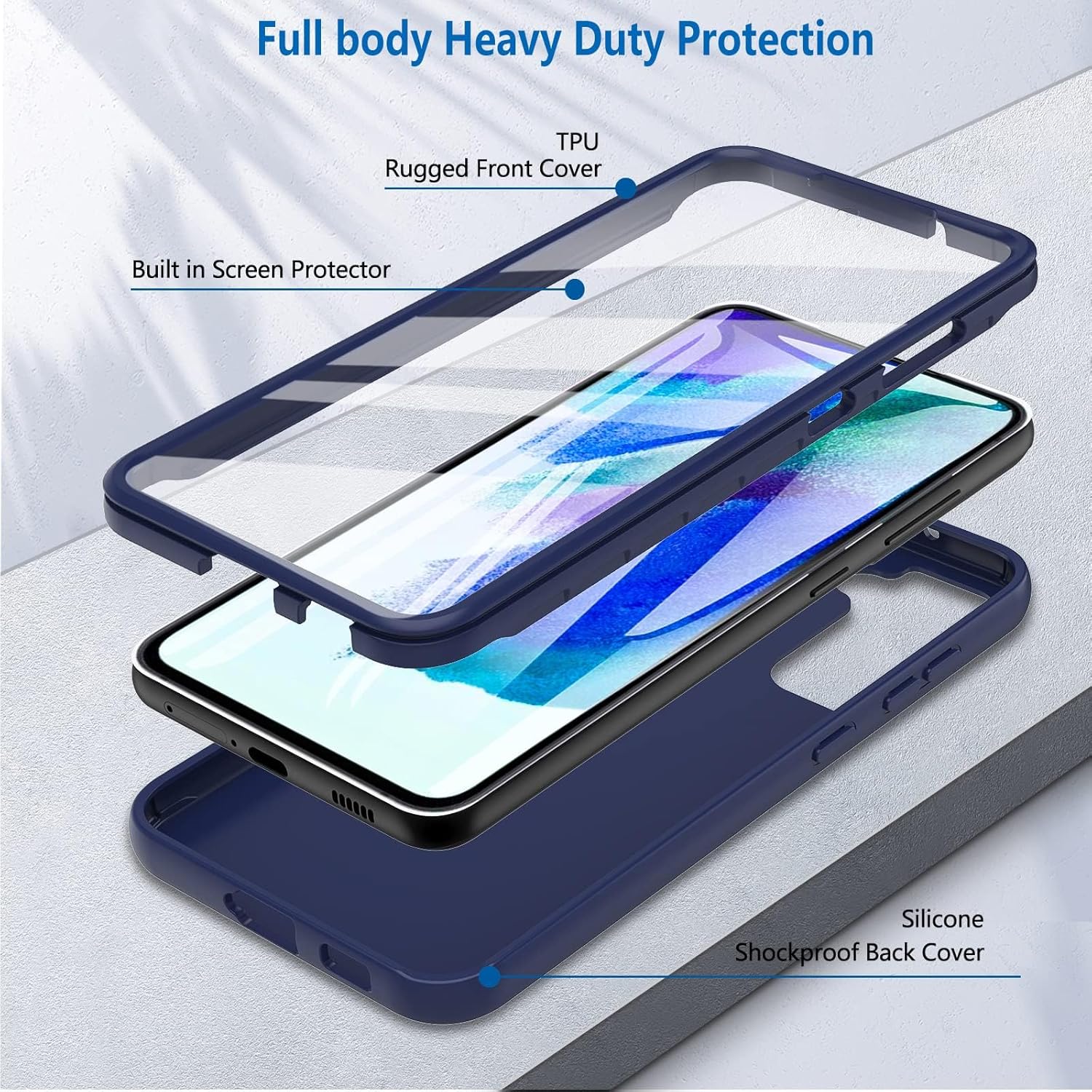 Hensinple for Samsung Galaxy S21 FE Case, Samsung S21 FE Case with Built-in Screen Protector, 360° Full Body Military Grade Drop Protection Silicone Bumper Cover Phone Case for Samsung S21 FE (Blue) · v3