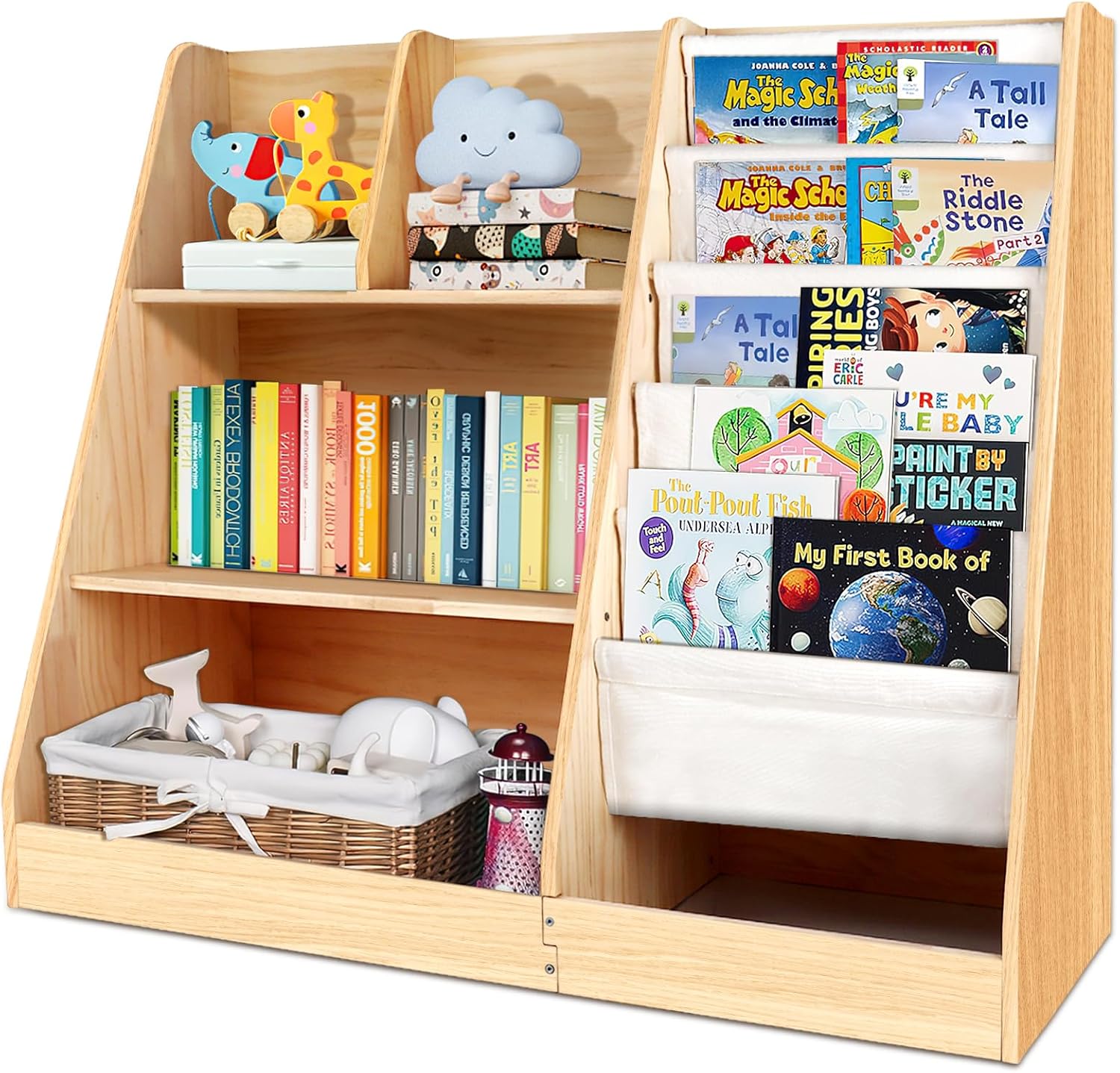 3 Tier Wooden Bookshelf for Kids: Five Layer Sling Children Bookcase - Toddler Book Toy Organizer Cabinet Chest for Playroom Nursery Classroom Library · v11