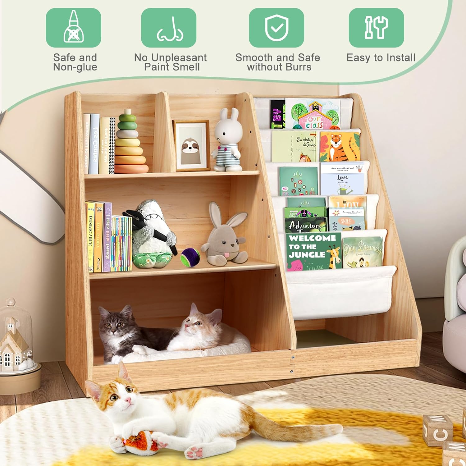 子供用3段木製本棚：5層スリング子供用本棚 - 幼児用本おもちゃオーガナイザーキャビネットチェスト、プレイルーム、保育園、教室、図書館用