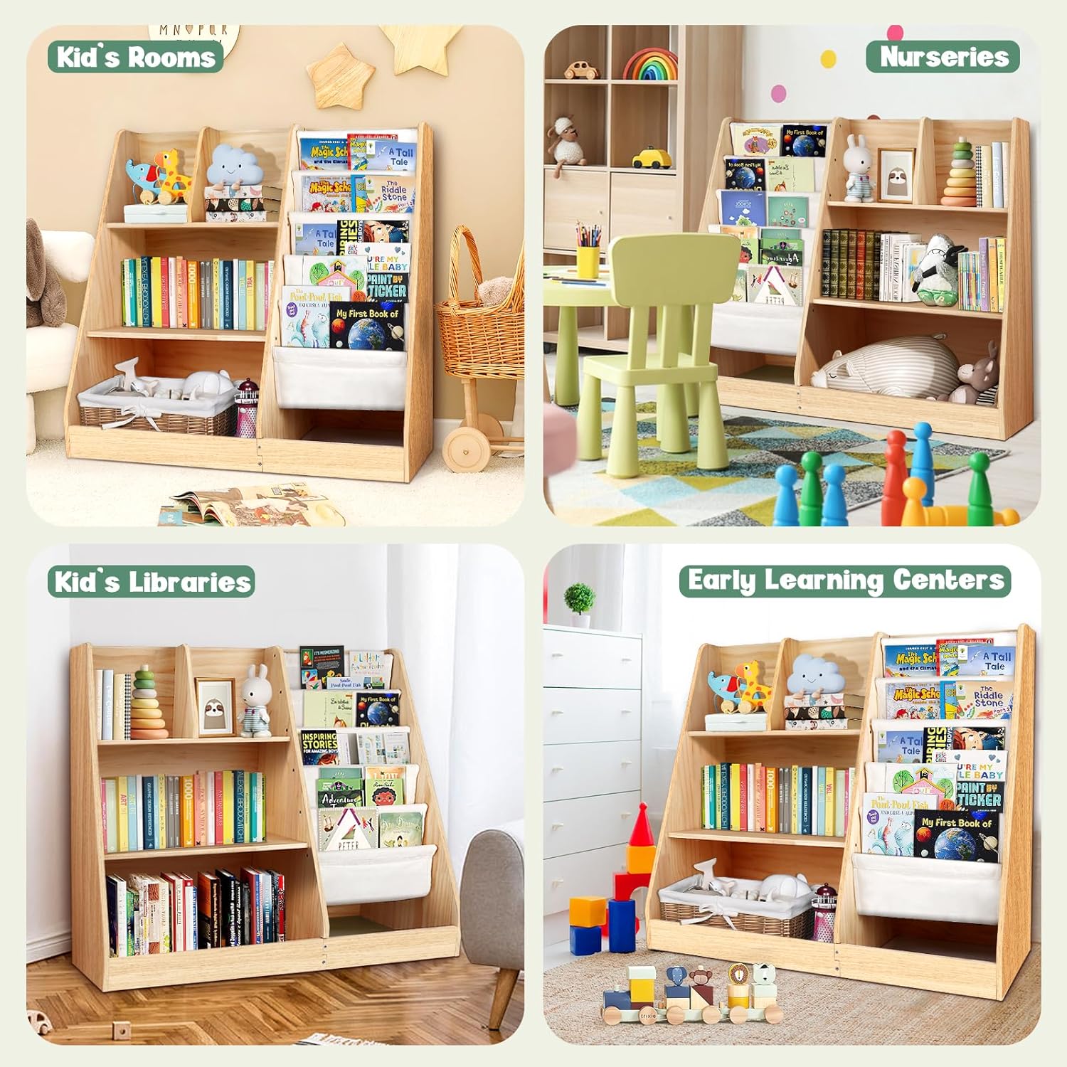 子供用3段木製本棚：5層スリング子供用本棚 - 幼児用本おもちゃオーガナイザーキャビネットチェスト、プレイルーム、保育園、教室、図書館用