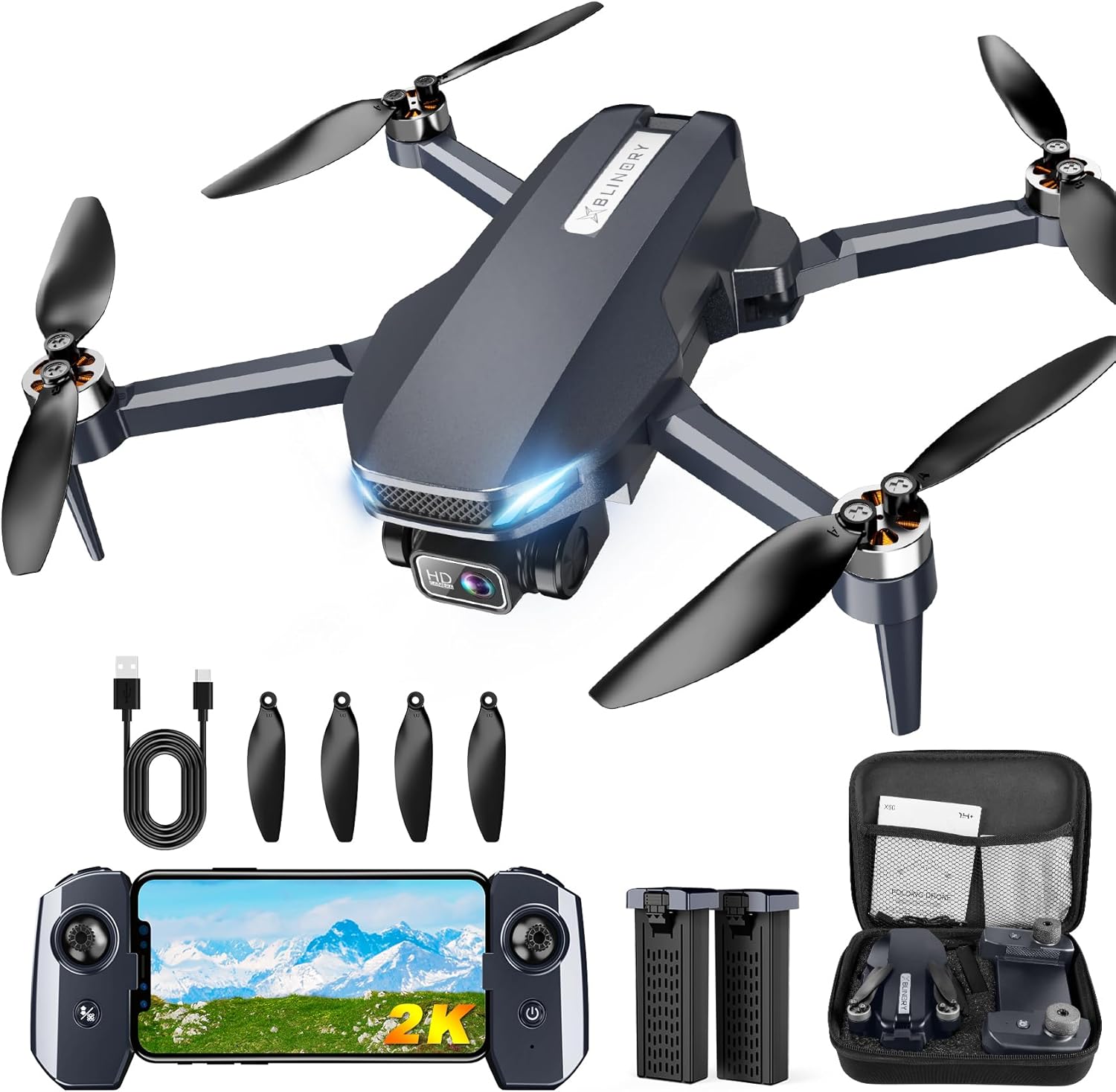 Drone con fotocamera 2K, drone pieghevole con motore brushless, flusso ottico, ribaltamenti 3D, Waypoint Fly, Selfie gestuale, decollo/atterraggio con una chiave, 2 batterie, mini droni per adulti e principianti
