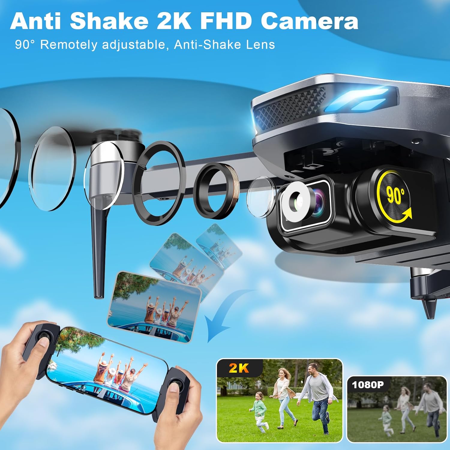 Drone con fotocamera 2K, drone pieghevole con motore brushless, flusso ottico, ribaltamenti 3D, Waypoint Fly, Selfie gestuale, decollo/atterraggio con una chiave, 2 batterie, mini droni per adulti e principianti