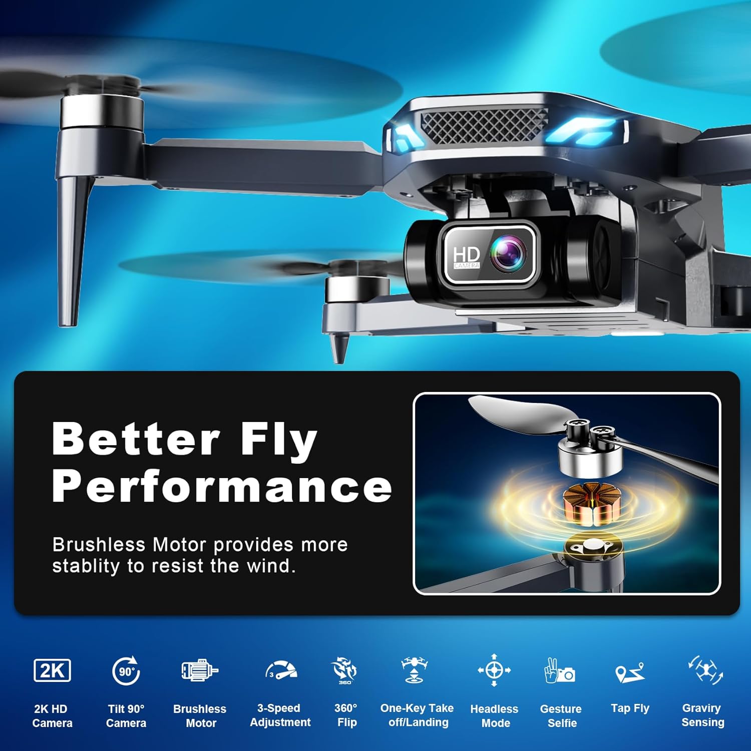 Drone con fotocamera 2K, drone pieghevole con motore brushless, flusso ottico, ribaltamenti 3D, Waypoint Fly, Selfie gestuale, decollo/atterraggio con una chiave, 2 batterie, mini droni per adulti e principianti
