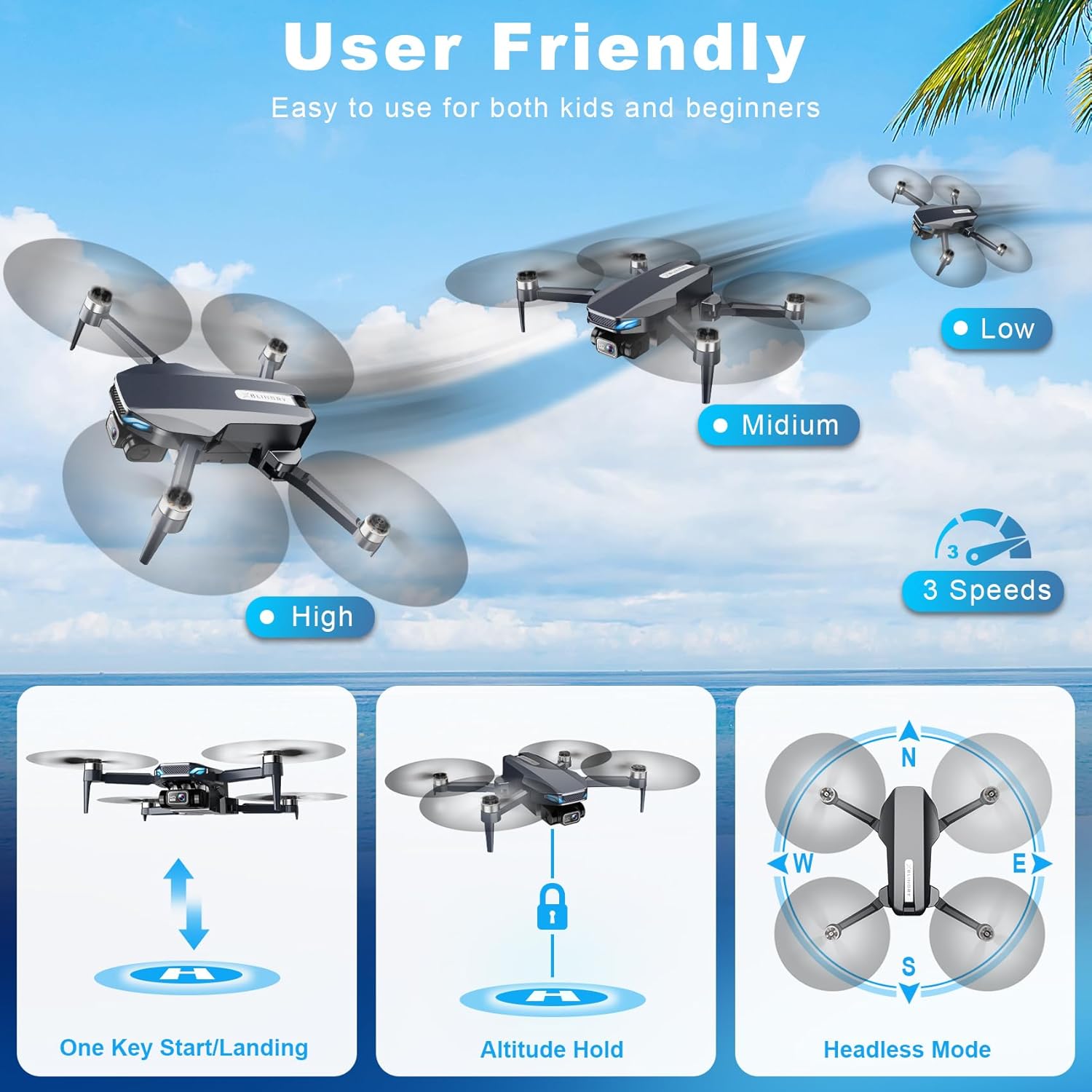 Drone con fotocamera 2K, drone pieghevole con motore brushless, flusso ottico, ribaltamenti 3D, Waypoint Fly, Selfie gestuale, decollo/atterraggio con una chiave, 2 batterie, mini droni per adulti e principianti
