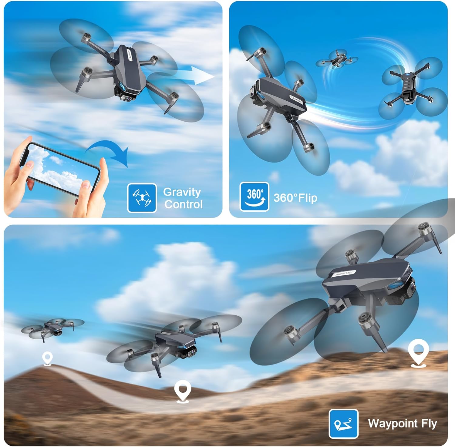 Drone con fotocamera 2K, drone pieghevole con motore brushless, flusso ottico, ribaltamenti 3D, Waypoint Fly, Selfie gestuale, decollo/atterraggio con una chiave, 2 batterie, mini droni per adulti e principianti