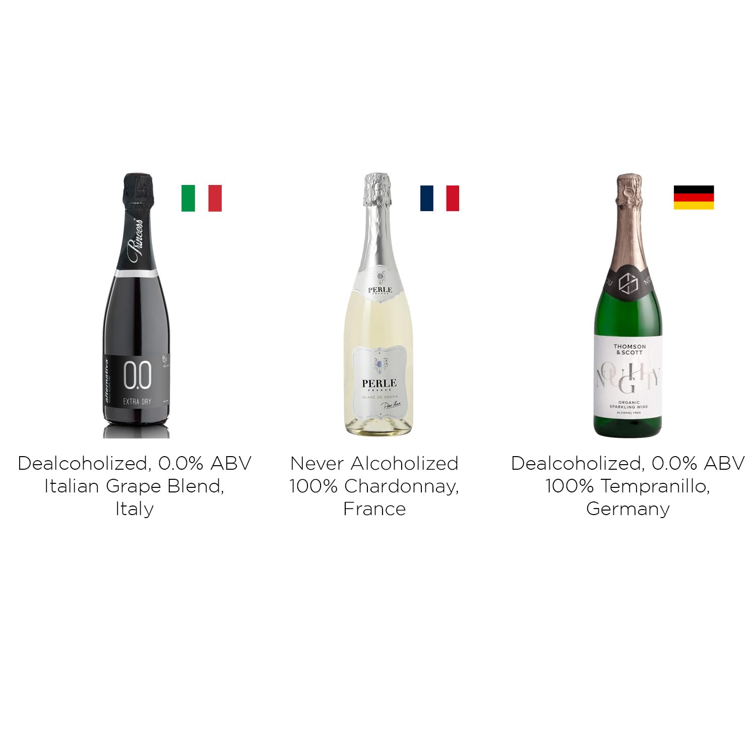 Top Three (3) Non-Alcoholic Sparkling, Tasting Party, Discovery Set (Noughty, Perle Blanc, Princess Alternativa)