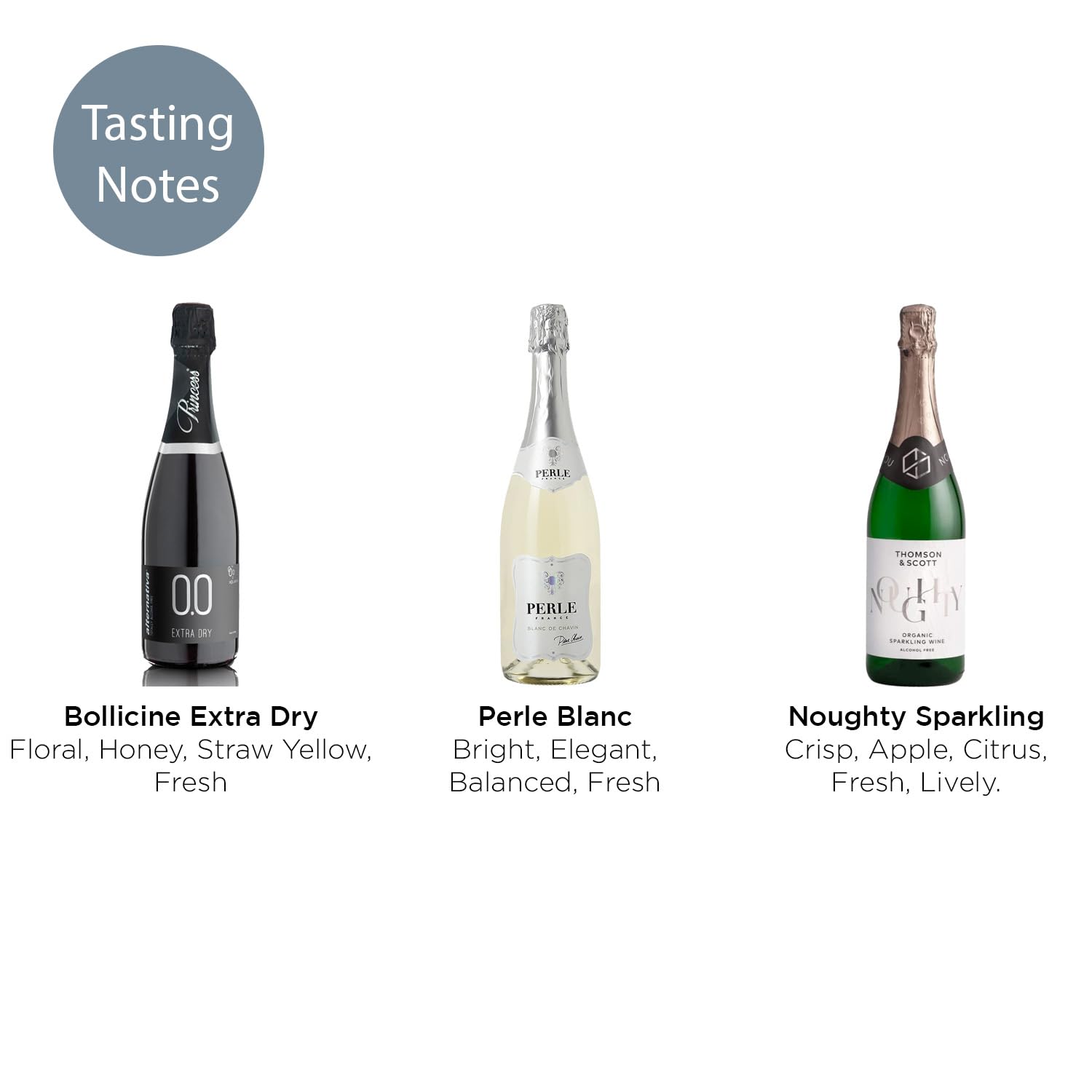 Top Three (3) Non-Alcoholic Sparkling, Tasting Party, Discovery Set (Noughty, Perle Blanc, Princess Alternativa)