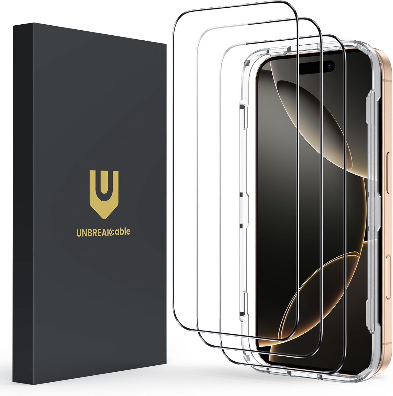 iPhone 16 Pro용 UNBREAKcable 스크린 보호 필름, 3개 팩, HD 강화 유리 스크린 보호 필름 [전체 커버리지] [간편 설치][무료 거품][Apple iPhone 16 Pro 전용]