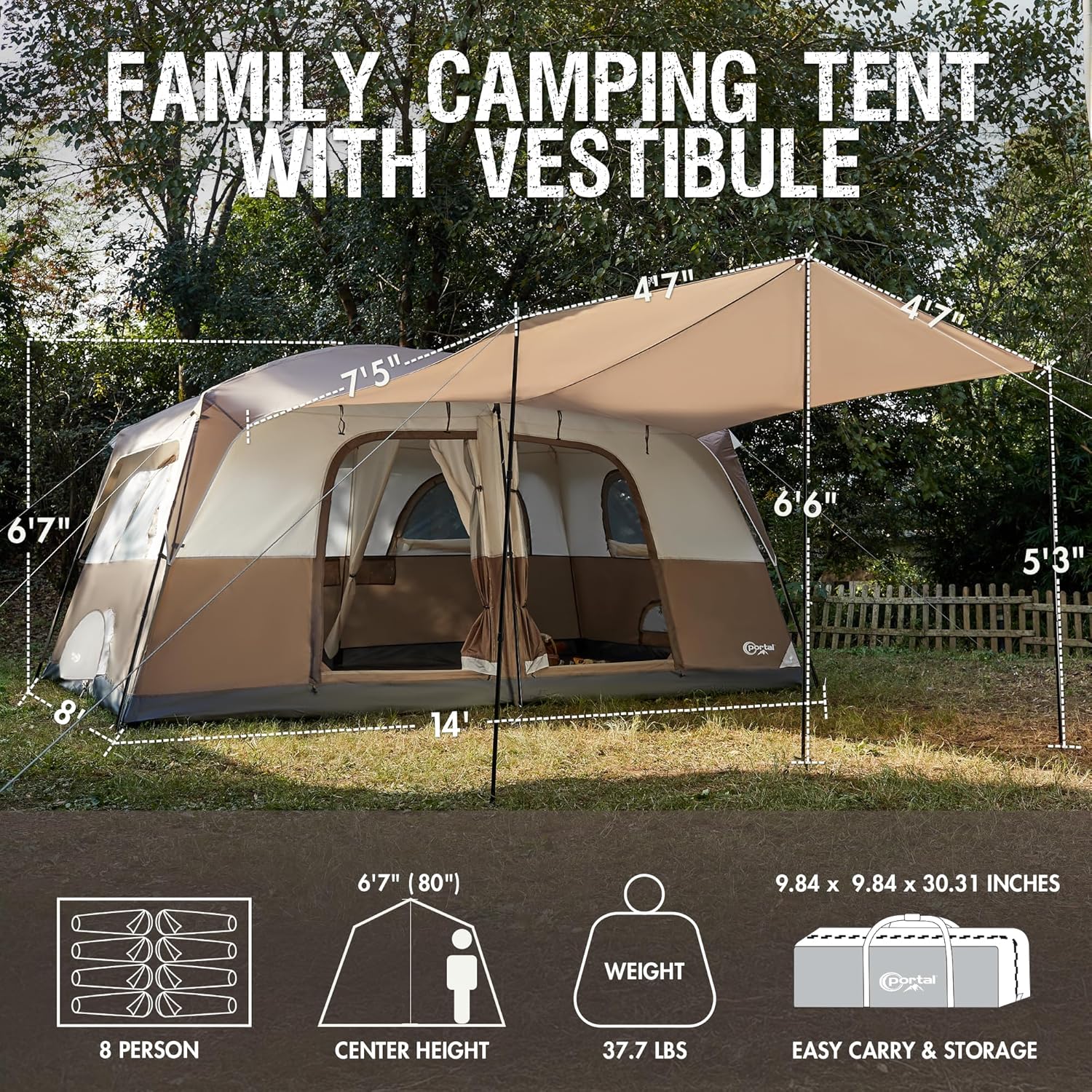 PORTAL 8 Person Family Camping Tent with Porch, Weather Resistant Camping Tents with Rainfly, Large Cabin Tents with 2 Room, Easy Set Up Tent for Outdoor Camping, Backyard