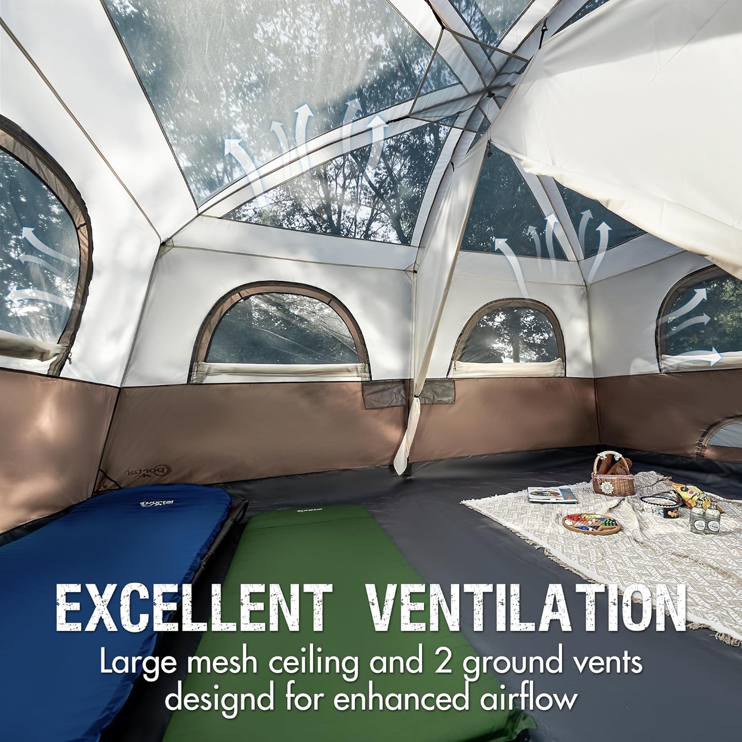 PORTAL 8 Person Family Camping Tent with Porch, Weather Resistant Camping Tents with Rainfly, Large Cabin Tents with 2 Room, Easy Set Up Tent for Outdoor Camping, Backyard