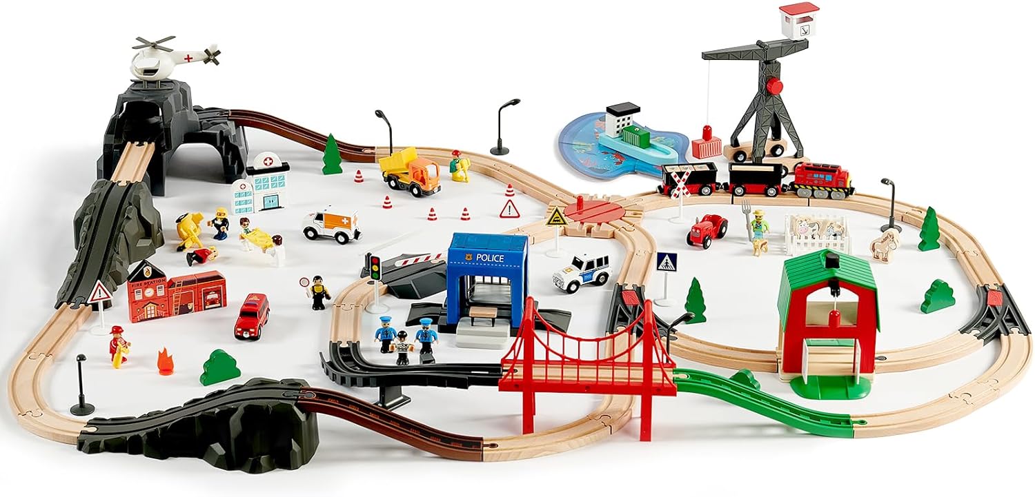 153pcs Wooden Train Set, Toy Train for Boys  Girls, 6 Themed Scenarios Wooden Train Track for Toddlers amp; Kids, Ideal Christmas Birthday Gift Toy for Kids, Compatible with Major Brands · v4