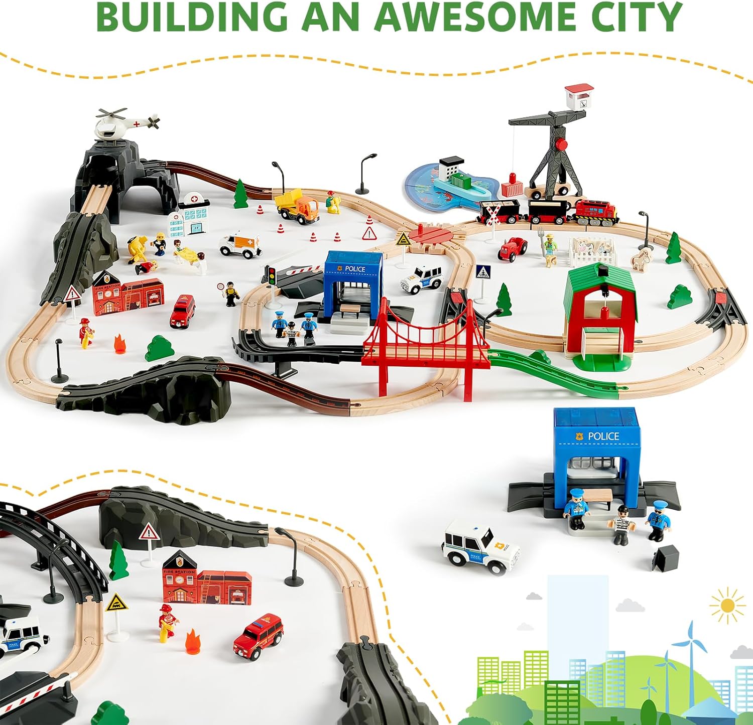 153pcs Wooden Train Set, Toy Train for Boys  Girls, 6 Themed Scenarios Wooden Train Track for Toddlers amp; Kids, Ideal Christmas Birthday Gift Toy for Kids, Compatible with Major Brands · v4
