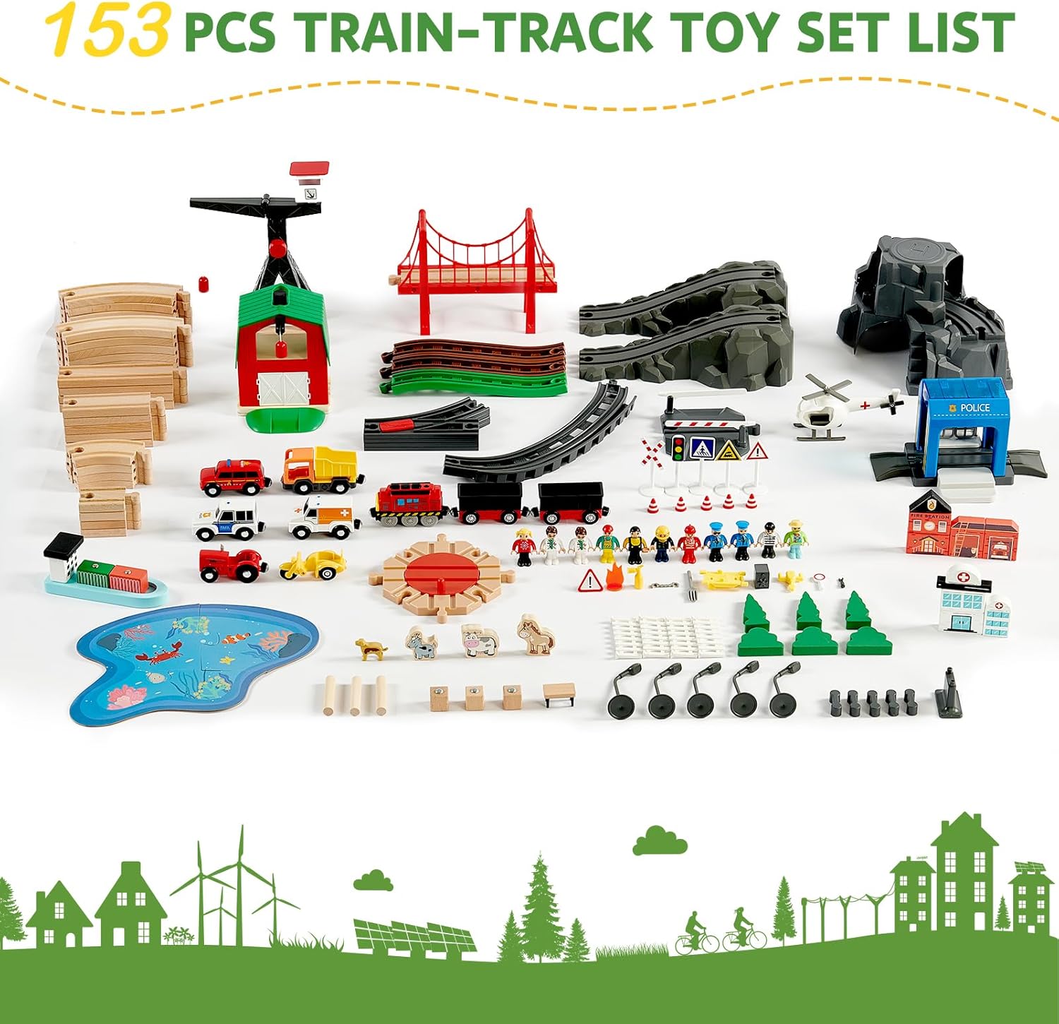 153pcs Wooden Train Set, Toy Train for Boys  Girls, 6 Themed Scenarios Wooden Train Track for Toddlers amp; Kids, Ideal Christmas Birthday Gift Toy for Kids, Compatible with Major Brands · v4
