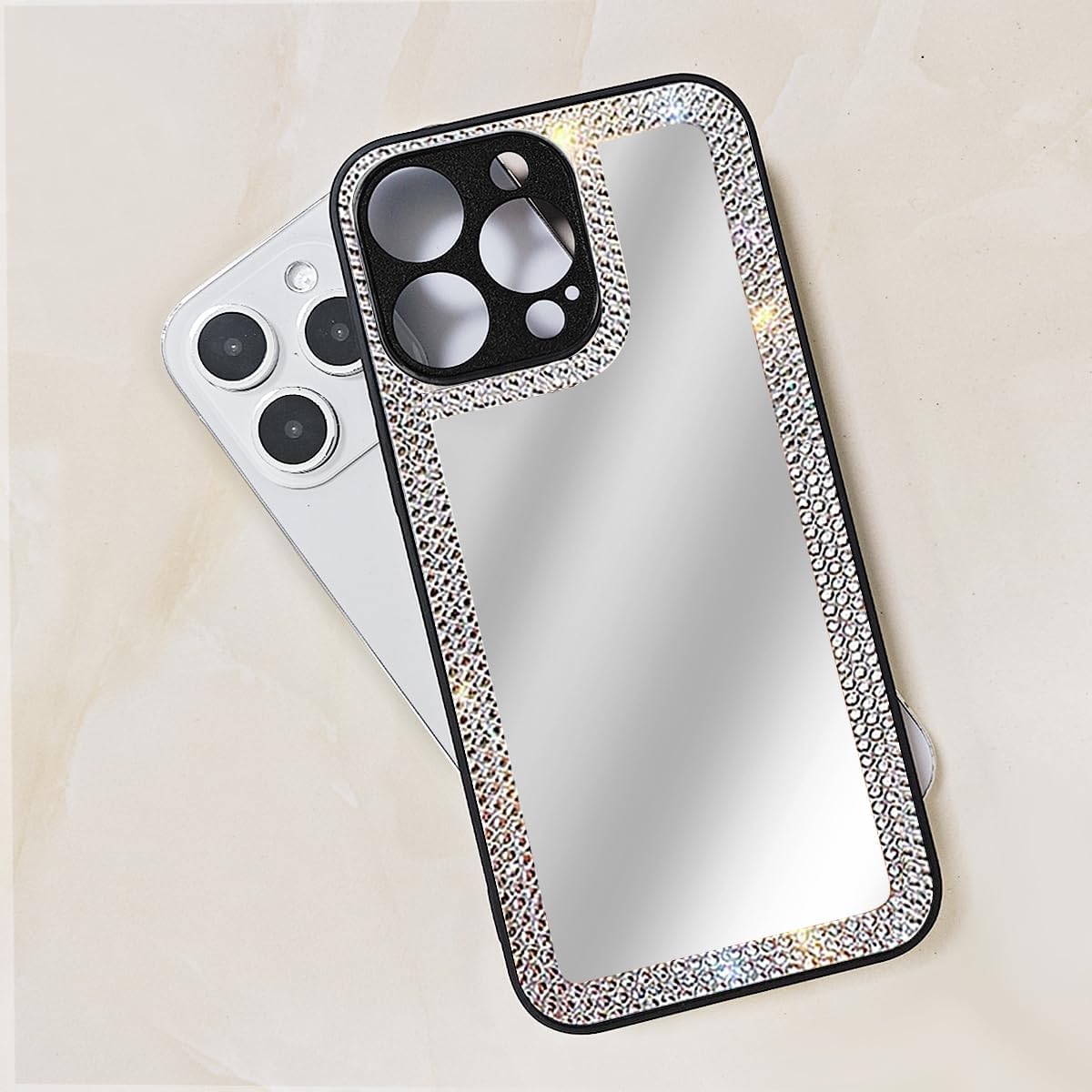 Чехол-зеркало Cavdycidy для iPhone 16 Pro для женщин со стразами, наклеивающееся зеркало для чехла для телефона, роскошный блестящий защитный чехол с кристаллами для макияжа на открытом воздухе для девушек (блестящие бриллианты)
