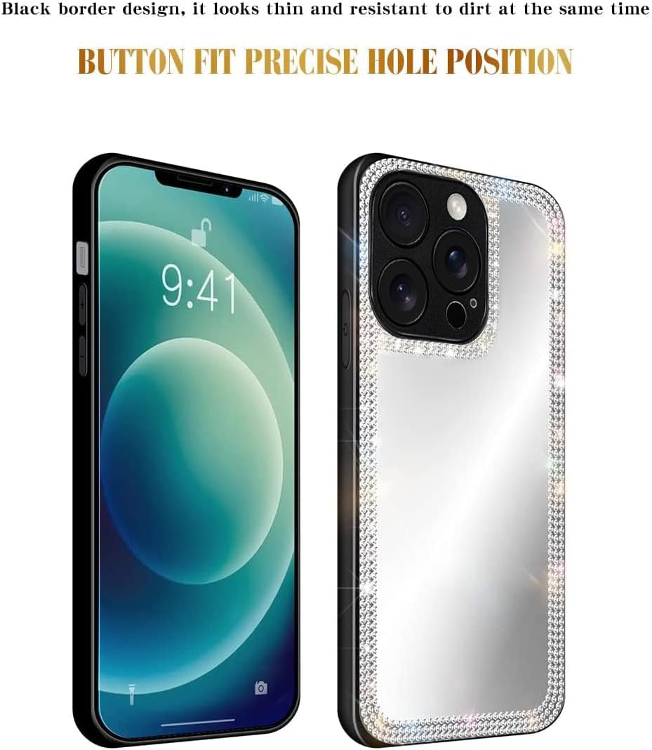 Чехол-зеркало Cavdycidy для iPhone 16 Pro для женщин со стразами, наклеивающееся зеркало для чехла для телефона, роскошный блестящий защитный чехол с кристаллами для макияжа на открытом воздухе для девушек (блестящие бриллианты)