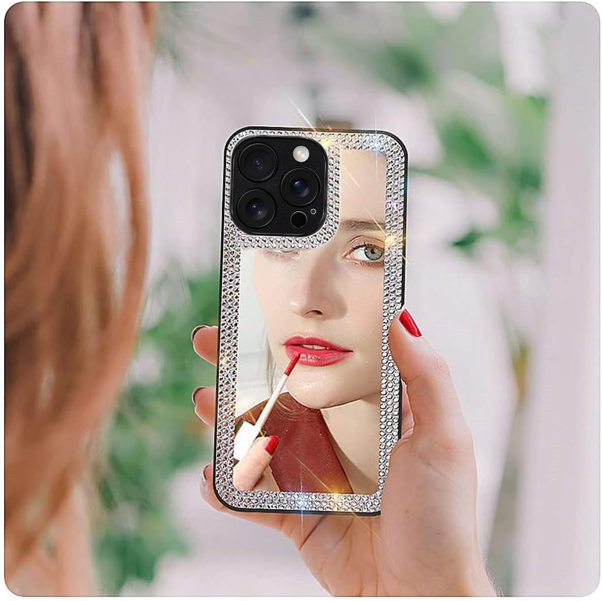 Чехол-зеркало Cavdycidy для iPhone 16 Pro для женщин со стразами, наклеивающееся зеркало для чехла для телефона, роскошный блестящий защитный чехол с кристаллами для макияжа на открытом воздухе для девушек (блестящие бриллианты)