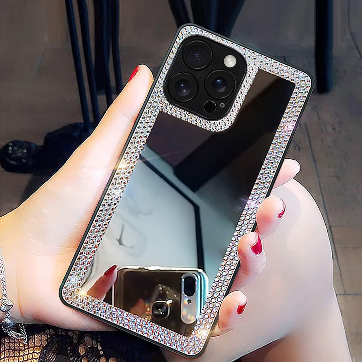 Чехол-зеркало Cavdycidy для iPhone 16 Pro для женщин со стразами, наклеивающееся зеркало для чехла для телефона, роскошный блестящий защитный чехол с кристаллами для макияжа на открытом воздухе для девушек (блестящие бриллианты)