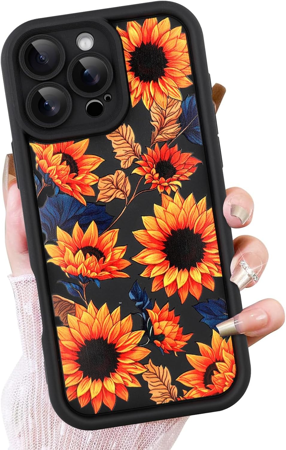 OOK Flower Case for iPhone 16 Pro Case with Cute Sunflower Floral Pattern Soft TPU Shockproof Protective for Women Girls Black Phone Cover