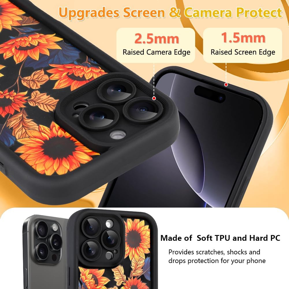 OOK Flower Case for iPhone 16 Pro Case with Cute Sunflower Floral Pattern Soft TPU Shockproof Protective for Women Girls Black Phone Cover