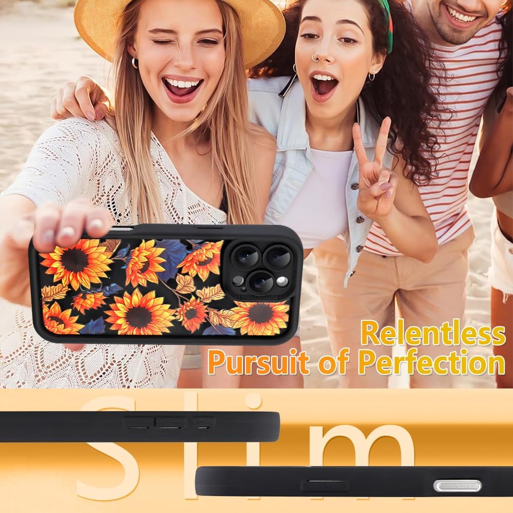 OOK Flower Case for iPhone 16 Pro Case with Cute Sunflower Floral Pattern Soft TPU Shockproof Protective for Women Girls Black Phone Cover